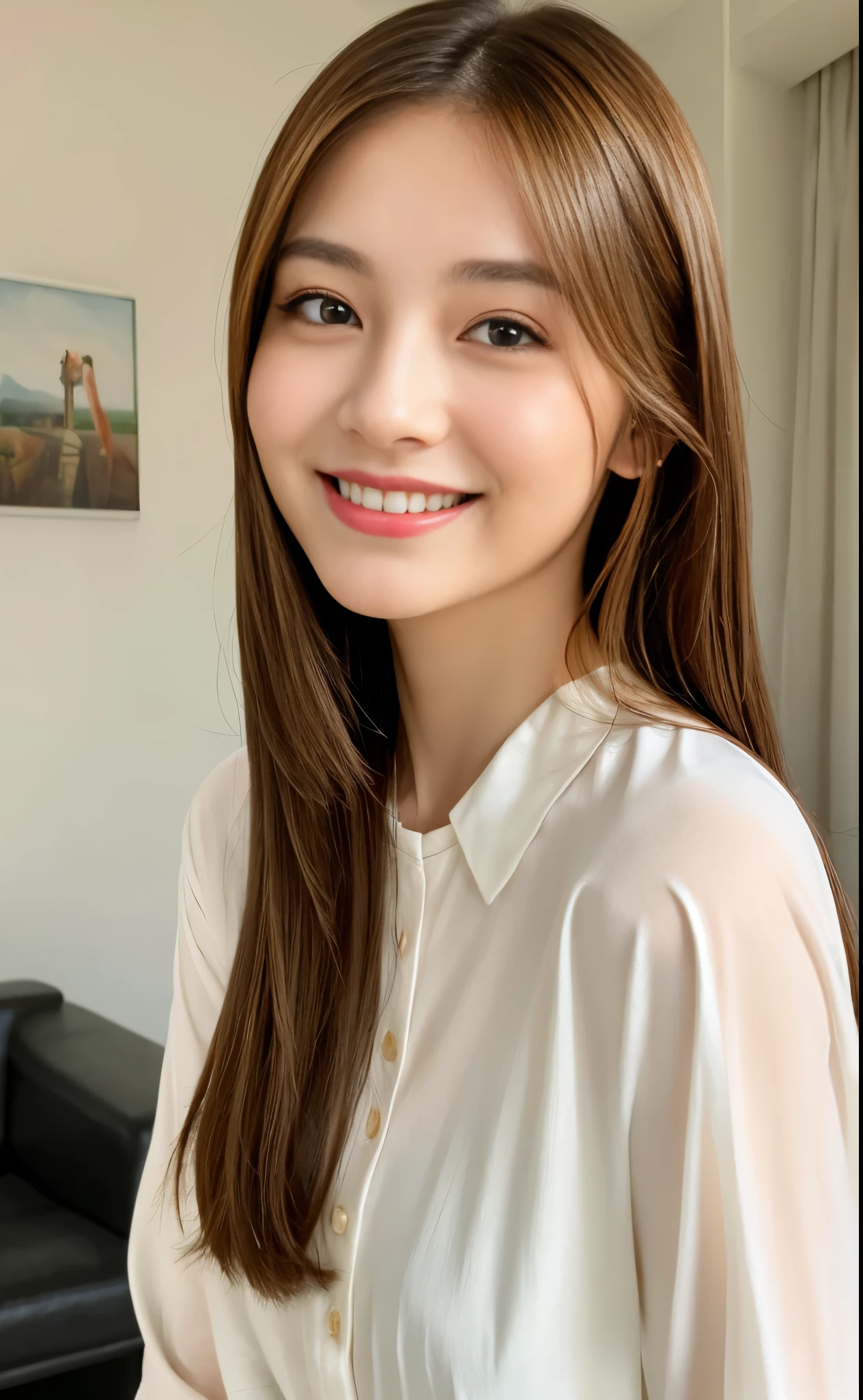 (8K, highest quality, masterpiece: 1.2), (realistic, photorealistic: 1.37), Super detailed, 21-year-old Japan woman、beauty, cute, alone, Are standing, (smile: 1.15), (closed mouth), light brown hair, fine and beautiful eyes, big, white shirt, Floating hair NovaFrogStyle, no windows room, the background is white, There is no shadow, whole body, smile, The whole head is shown, Portrait、slim、slender、model body shape