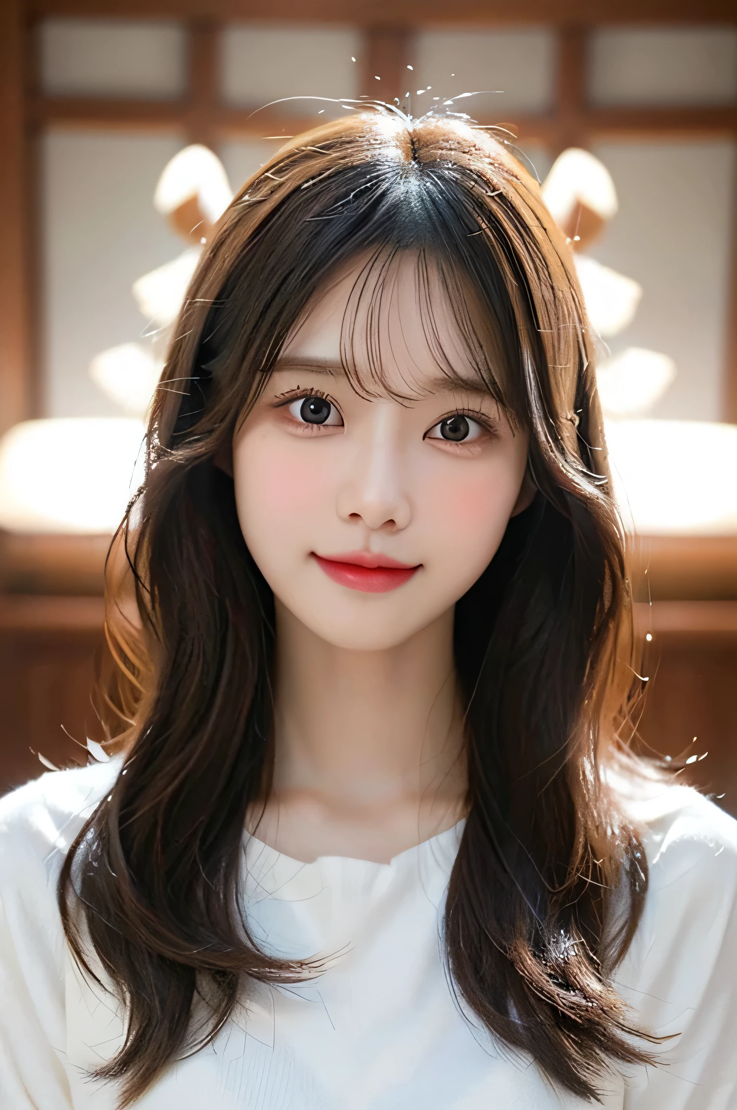 Generate an image of a fictional character with a balanced and symmetrical face. The character has a warm complexion with soft, inviting features including almond-shaped eyes, a straight and well-defined nose, and full lips. Her expression is serene with a hint of a smile, and her long, straight hair frames her face in a gentle cascade."