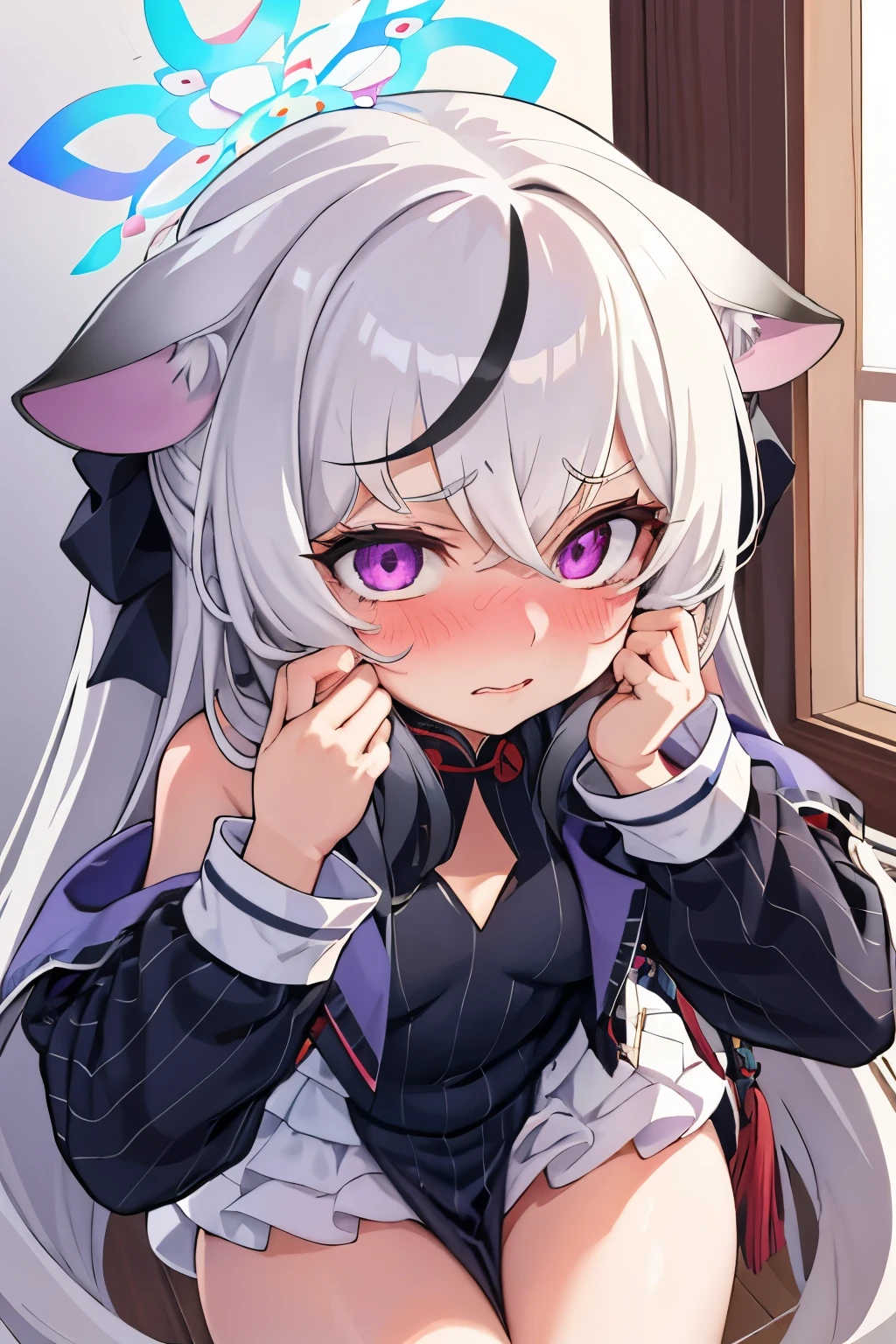 1girl, kokona, indoors, purple eyes, white hair, :3 mouth, embarrassed, beautiful eyes, beautiful lips, shiny lips, extremely detailed eyes and face, long eyelashes, close-up, warm lighting, vibrant colors, looking at the viewer, embarrassed look, blush, Winter suit, winter wonder