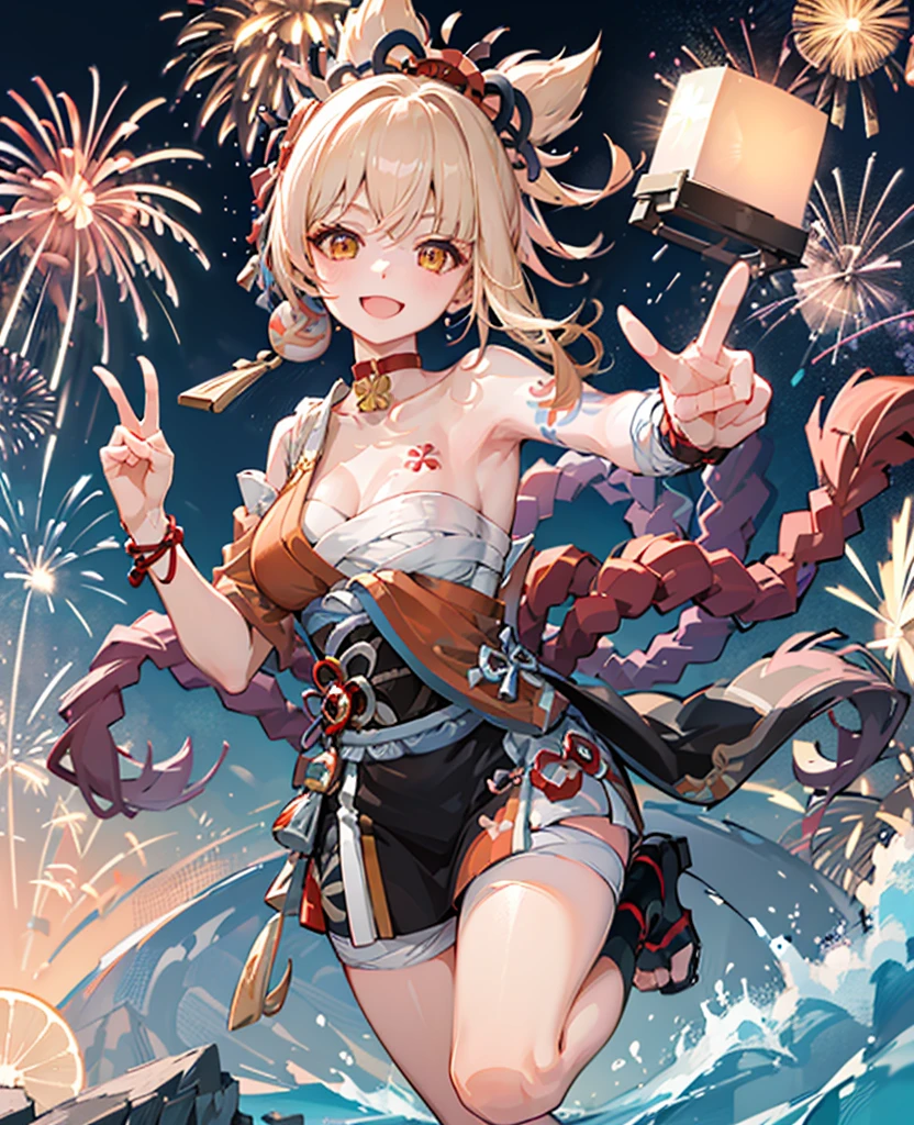 masterpiece, best quality, 1 girl, You Gong_Genshin, looking at existiewer, Smile, 手放exist臀部, exist, peace sign,