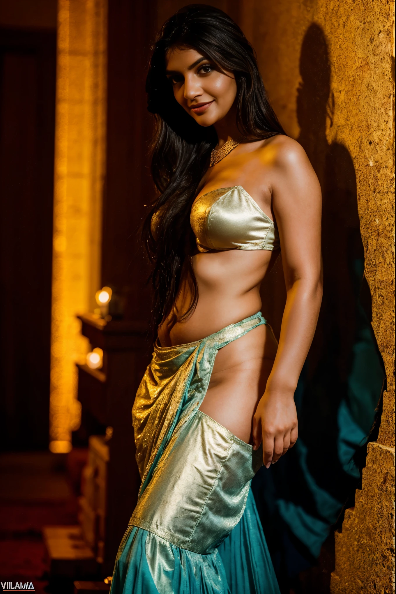 Nsfw, castle background, exotic girl, indian, vivacious, looking at the viewer, shining skin, perfect lighting, the embodiment of grace and elegance, provocative pose, smiling seductively, (naked and gold jewelry), deep cleavage, Big breasts, curvy ass, clear curvy details, beautiful curves, detailed eyes, detailed pupil, long shining hair, volumetric lighting, Ultra Detailed, unity 8k wallpaper, ultra detailed, aesthetic, masterpiece, best quality, photorealistic