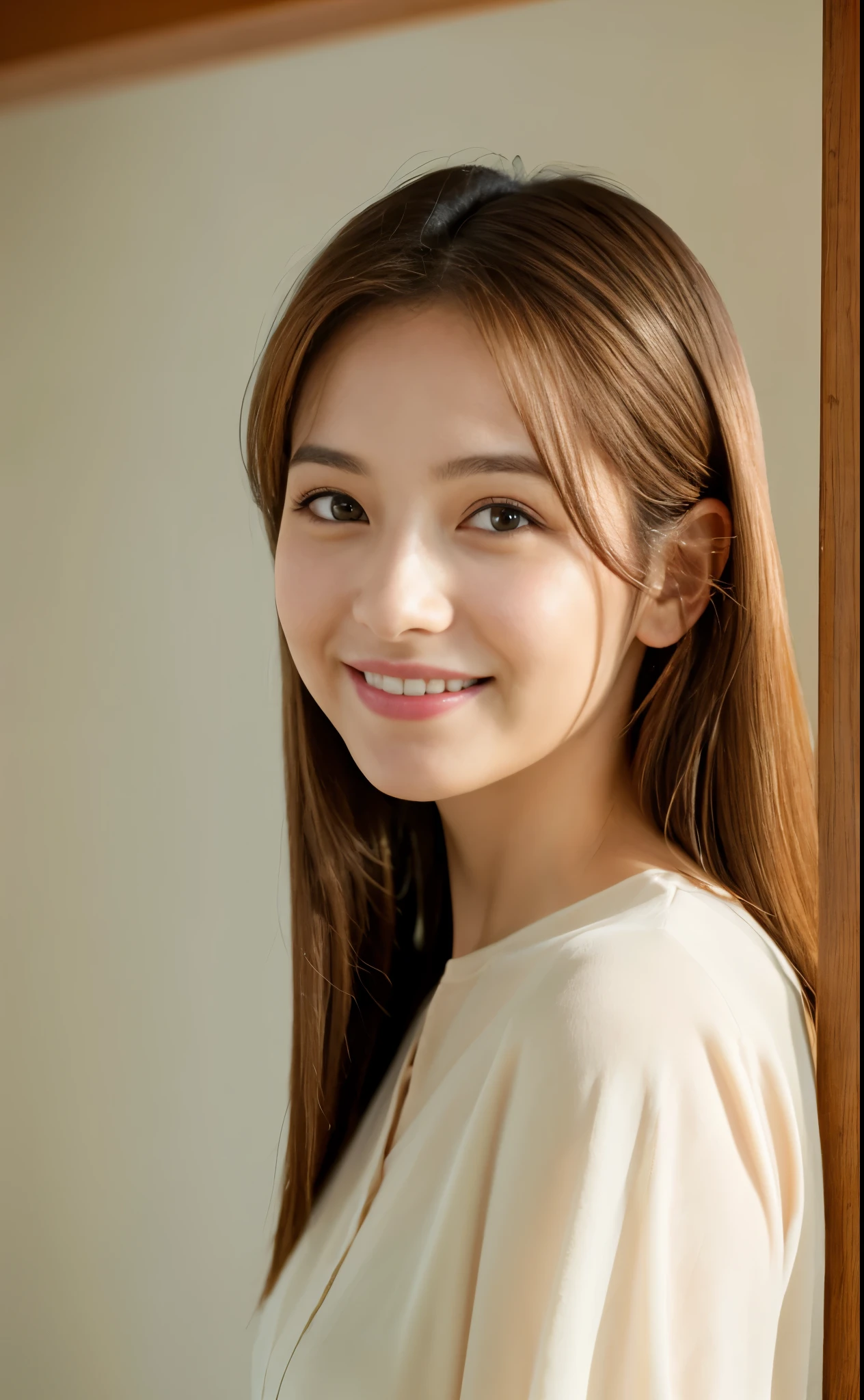 (8K, highest quality, masterpiece: 1.2), (realistic, photorealistic: 1.37), Super detailed, 21-year-old Japan woman、beauty, cute, alone, Are standing, (smile: 1.15), (closed mouth), light brown hair, fine and beautiful eyes, big, white shirt, Floating hair NovaFrogStyle, no windows room, the background is white, There is no shadow, whole body, smile, The whole head is shown, Portrait、slim、slender、model body shape