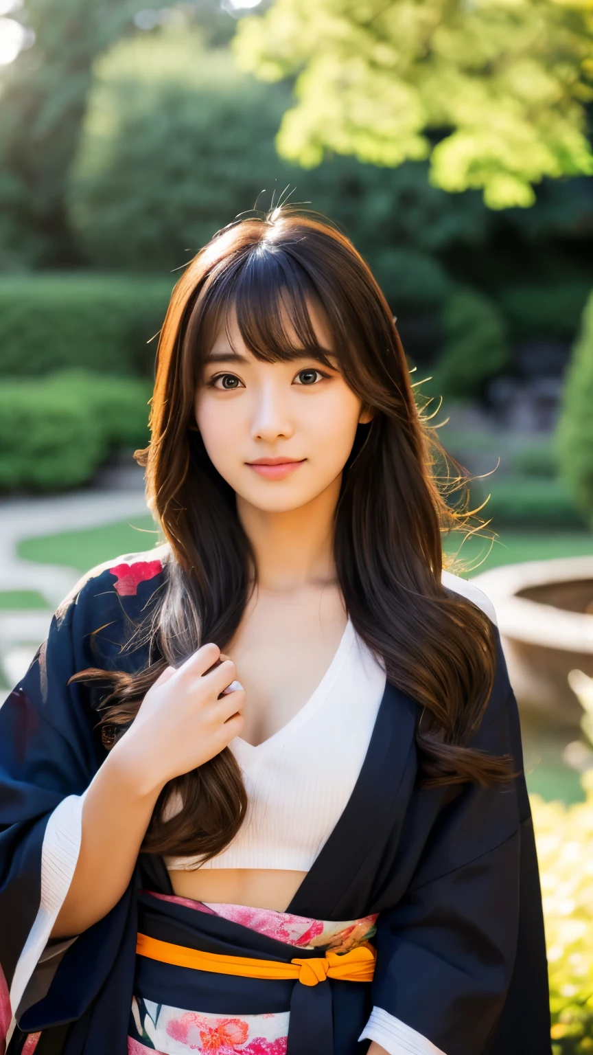 1 Japanese girl,masterpiece, A lock of hair with slight highlights, black eyes, mixed media, Sexy,garden background,Gorgeous kimono , Liquid color flows across her face, sunset,Photographed by Yui Aragaki