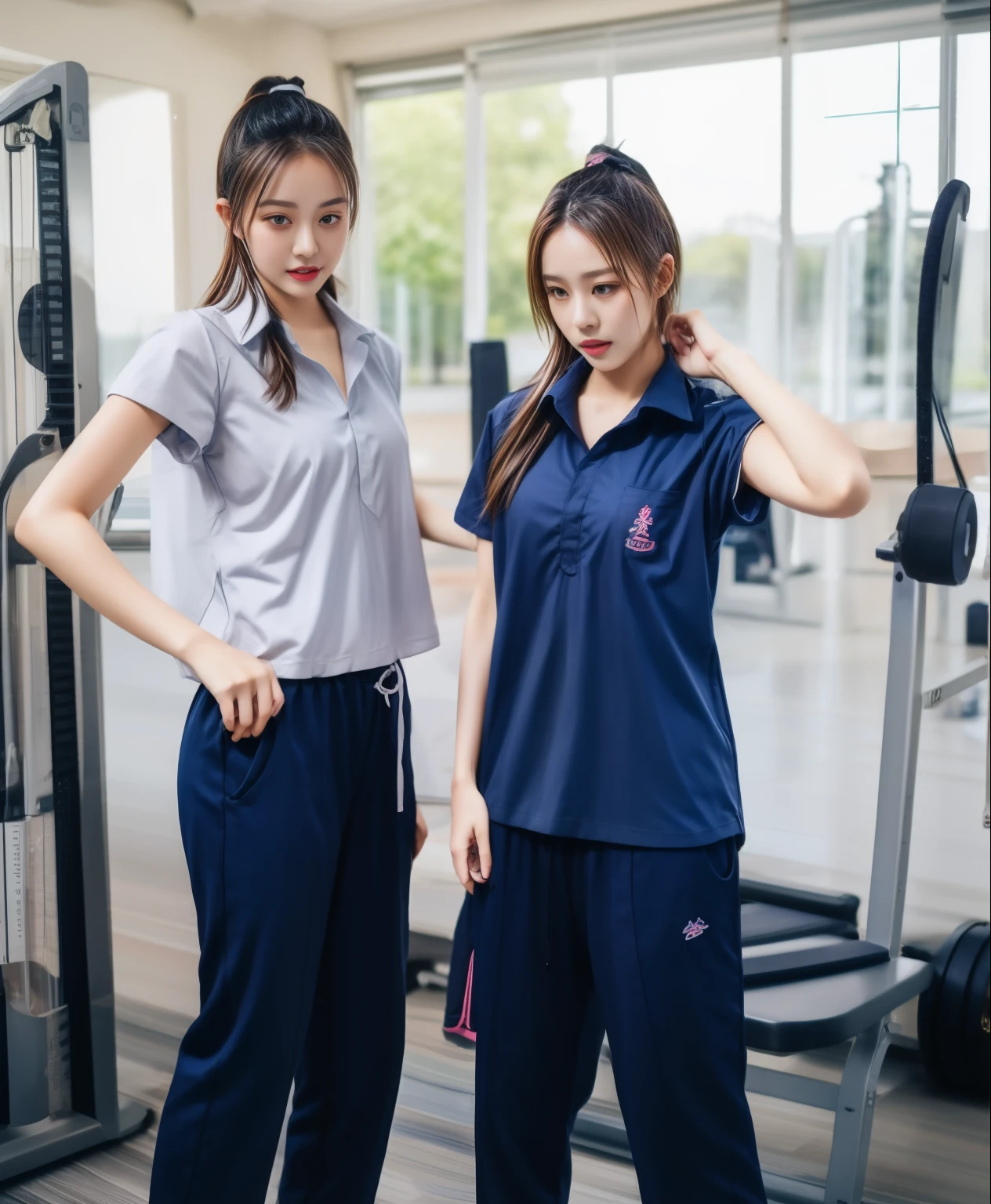 3 girls in fitness center, Navy blue short-sleeved shirt,Navy Long Trackpant,Sweatpants, Sweatpantsขายาว,25 year old girl, lesbian, sexy, exercise clothes, wet body, exercise clothes