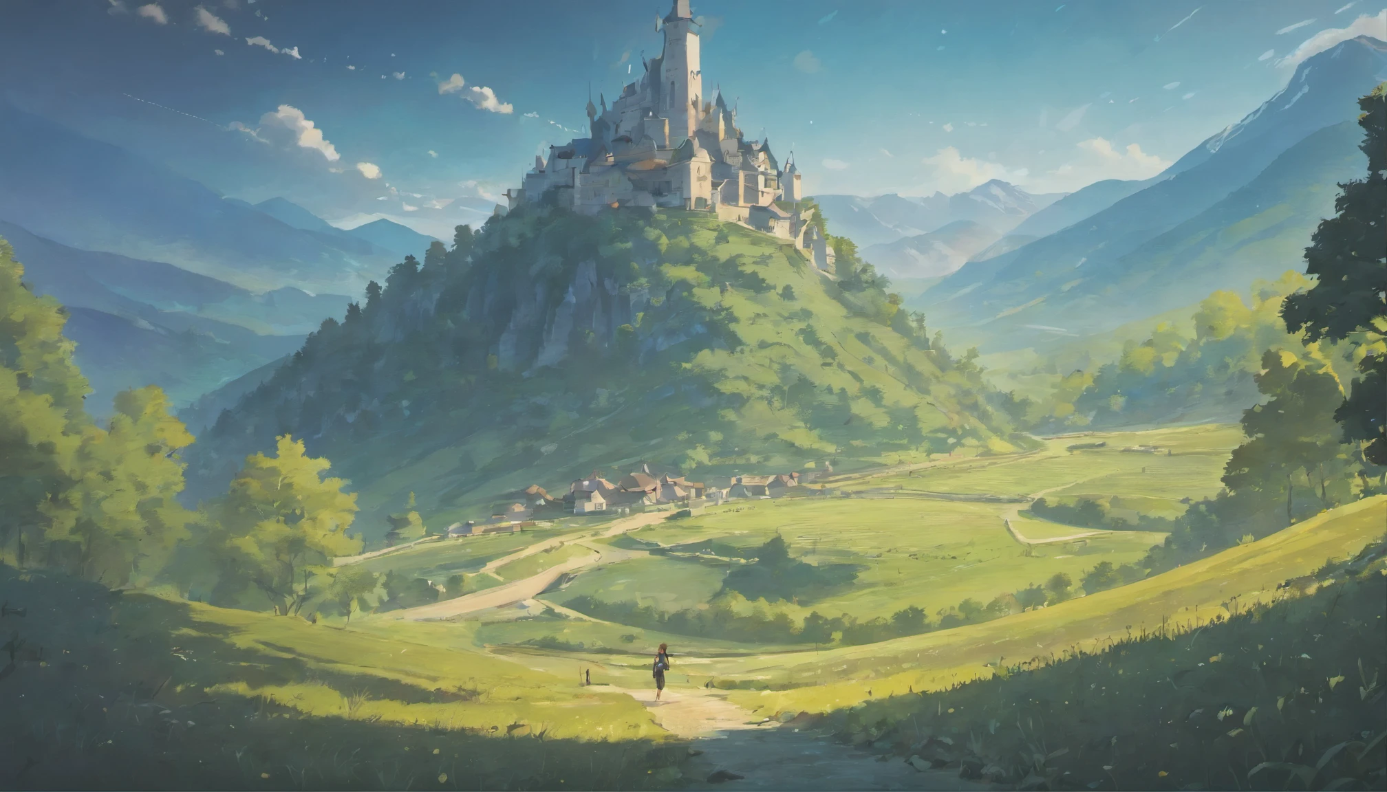 (La mejor calidad,4k,8k,Altas Resoluciones,Obra maestra:1.2),Paisaje invernal,Alpes suizos,Small village from medieval European times,Pinos,Luna llena iluminando el pueblo, estrellas visibles en el cielo, nubes reboloteando, un lago congelado.