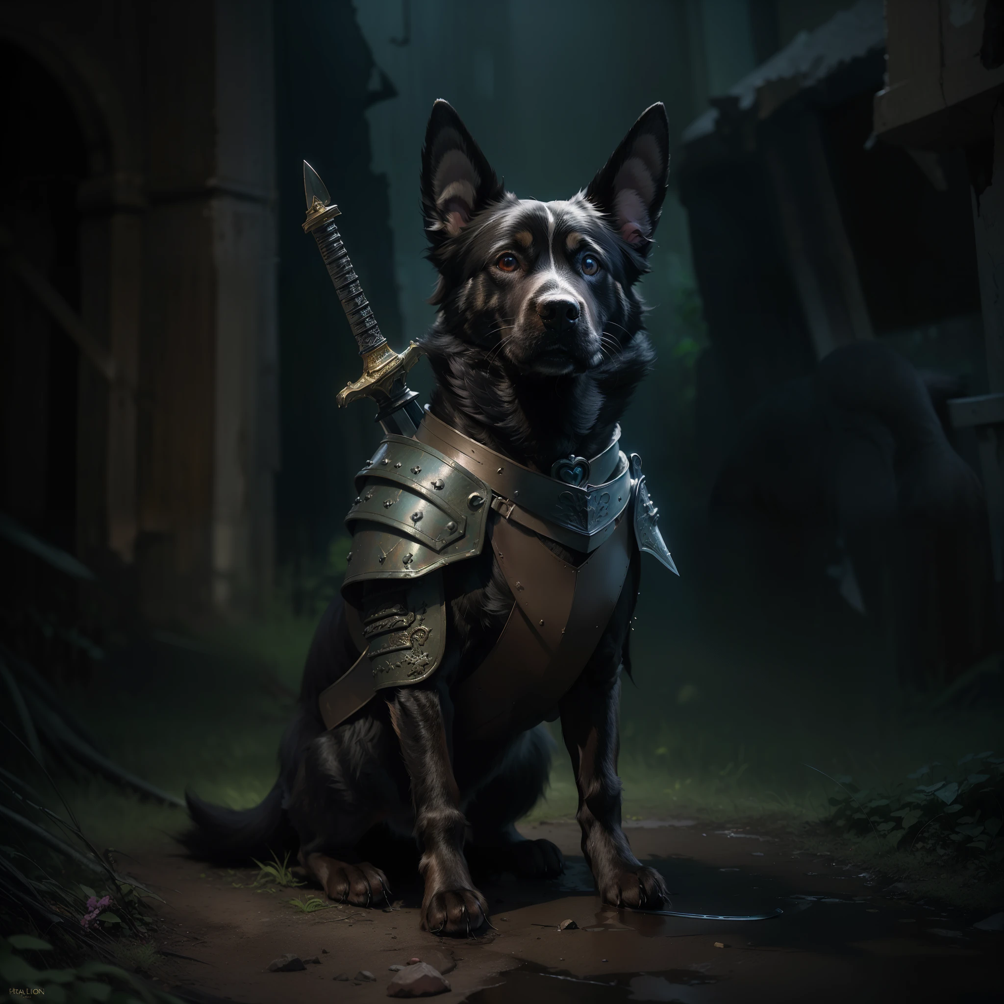 (Numerous award-winning masterpiece s, incredibly detailed, textures and maximum detail), (hyper realistic:1.4), ((dog)), (veteran dog warrior), (realistic:1.3), (top quality real texture skin), (upper body close-up:0.4), (full body realistic dog standing image:1.8), (finely drawn true circle dog eyes), (eyes glowing in dark:1.5), (fine quality beautiful dog face:1.6), ((medieval world)), dark black leather face mask, (veteran dog knight), (real dog standing on two legs walking:1.8), in dungeon(delicately decorated dark black full body armor), (armor damaged but delicately decorated:1.5), not wearing helmet, (full length portrait of real dog:1.8), ((looking up)), ((looking down)), (elaborately decorated, shining with huge light(holding handle of black long sword:1.7)), (dramatic pose), black web robe, spider on armor, (strong dog warrior fighting enemy), (agile dog warrior fighting enemy), fantasy, ((dramatic photo)), ((dynamic photo)), (full body view of real dog), highly detailed, ultra-realistic, complex detailsrealistic, intricate details, painting (artwork), ((masterpiece,top quality)), ((cinematic light)), hyper realistic, scary, dark fantasy , detailed armor, detailed helmet, epic realistic, faded, ((neutral color)), art, (HDR:1.5), (muted color:1.2), highly detailed, (art station:1.5), cinematic, warm light, light effects, dramatic light, (complex details:1.1), complex background, (greg latkowski:0.8), (teal and orange:0.4), old ruins infested with plants, ruins of old castle, ruins of ancient castle, abandoned mine,Deserted ruins, crumbling ruins, ruins with clear puddles, twilight, sunset, dusk, battlefield, bioluminescence,