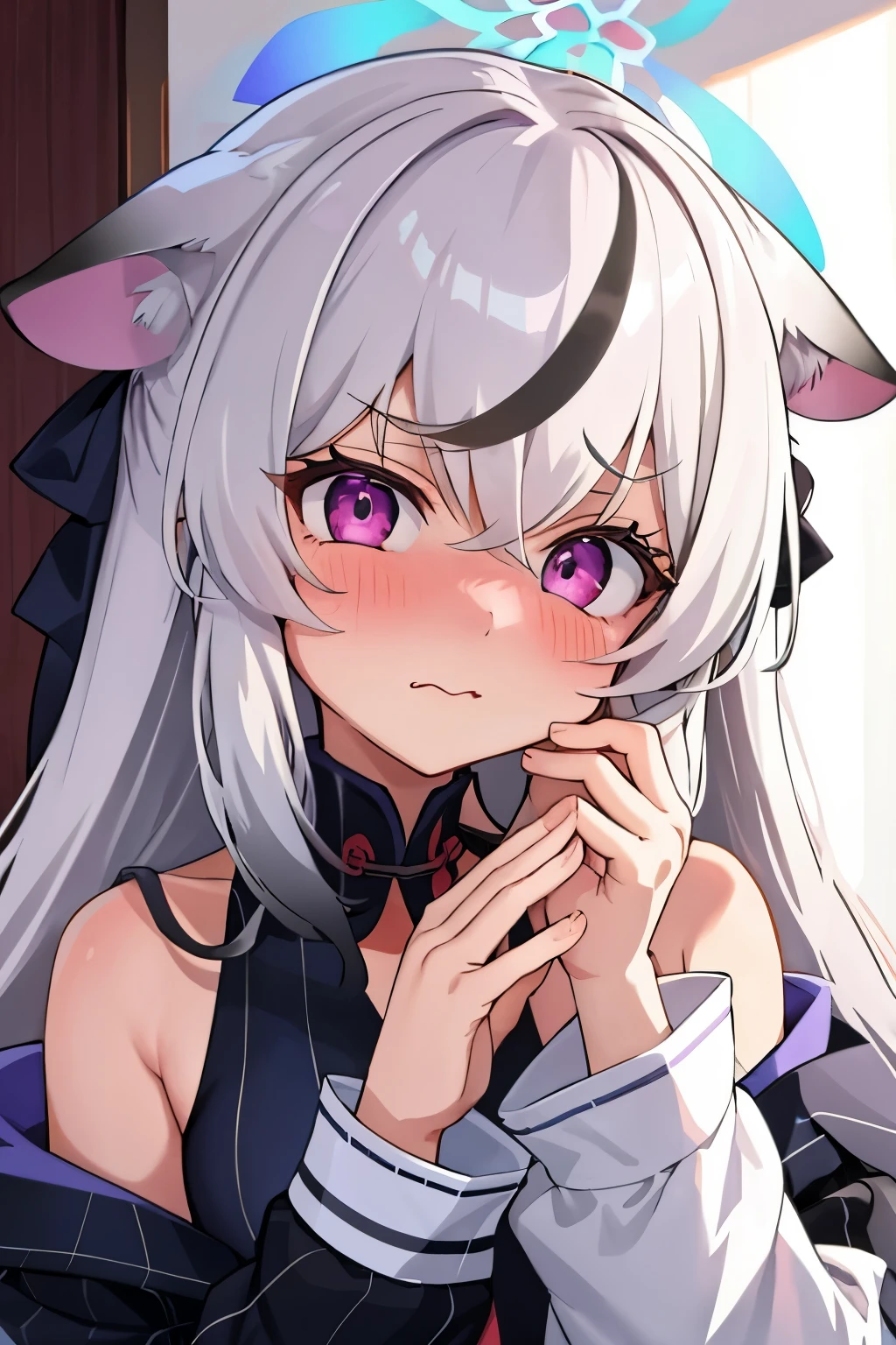 1girl, kokona, indoors, purple eyes, white hair, :3 mouth, embarrassed, beautiful eyes, beautiful lips, shiny lips, extremely detailed eyes and face, long eyelashes, close-up, warm lighting, vibrant colors, looking at the viewer, embarrassed look, blush, Winter suit, winter wonder