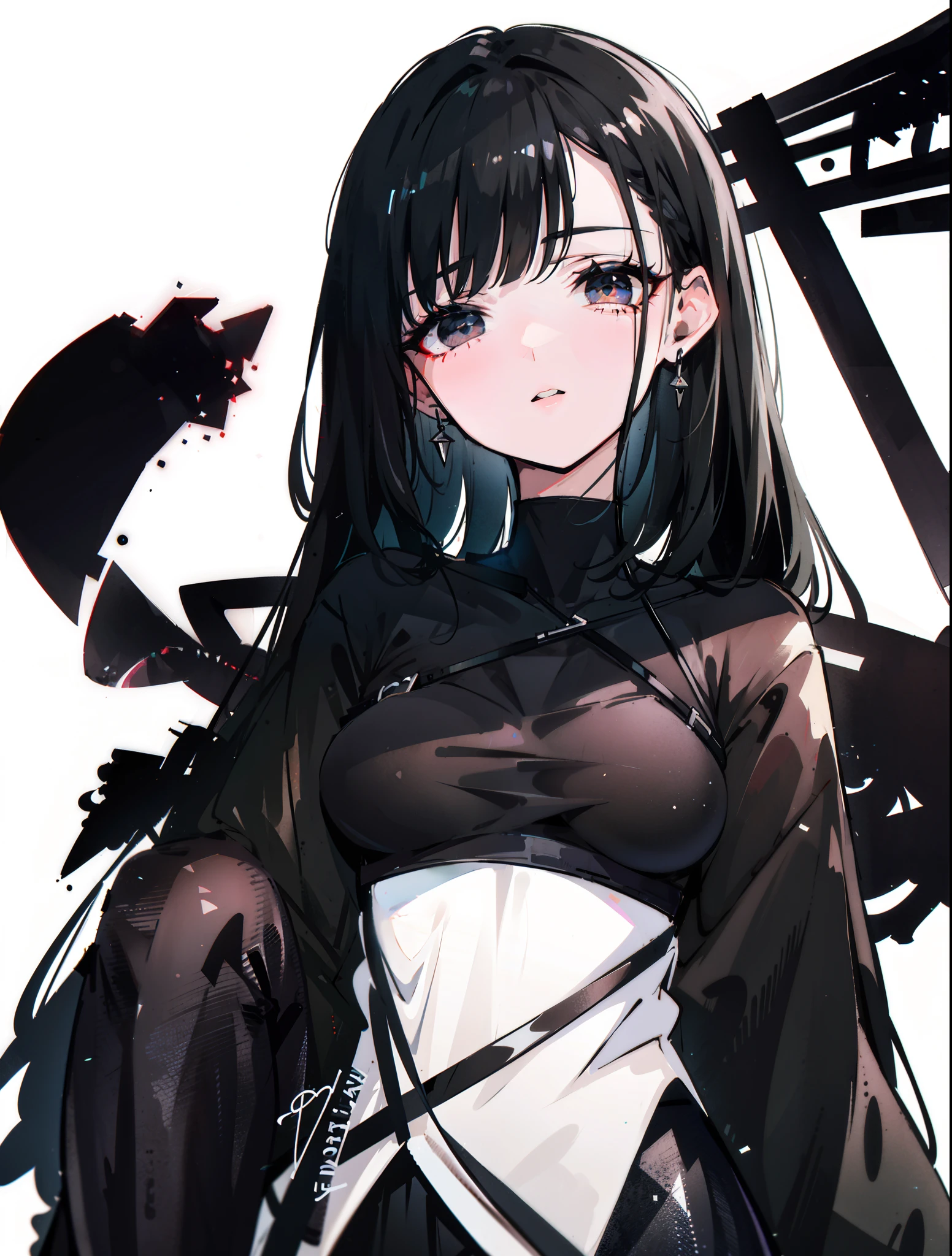 1girl,utmost+Beautiful+meticuloso_the face,utmost+Beautiful+meticuloso_The eye,The upper part of the body,closeup cleavage,cyberpunk backgrouns,sketching,solidcolor,A woman in a black shirt and black dress,Minimalist style,Wear elegant casual clothing,boots,Milk and black style,Black eyes,Modern and stylish dress,Casual modern dress,inspo , Anime,Blackn clothes, a black skirt, Neutral tones, black and white color scheme, leisure wear, scary face,, 22 year old, adult face, long hair, ((black hair))
