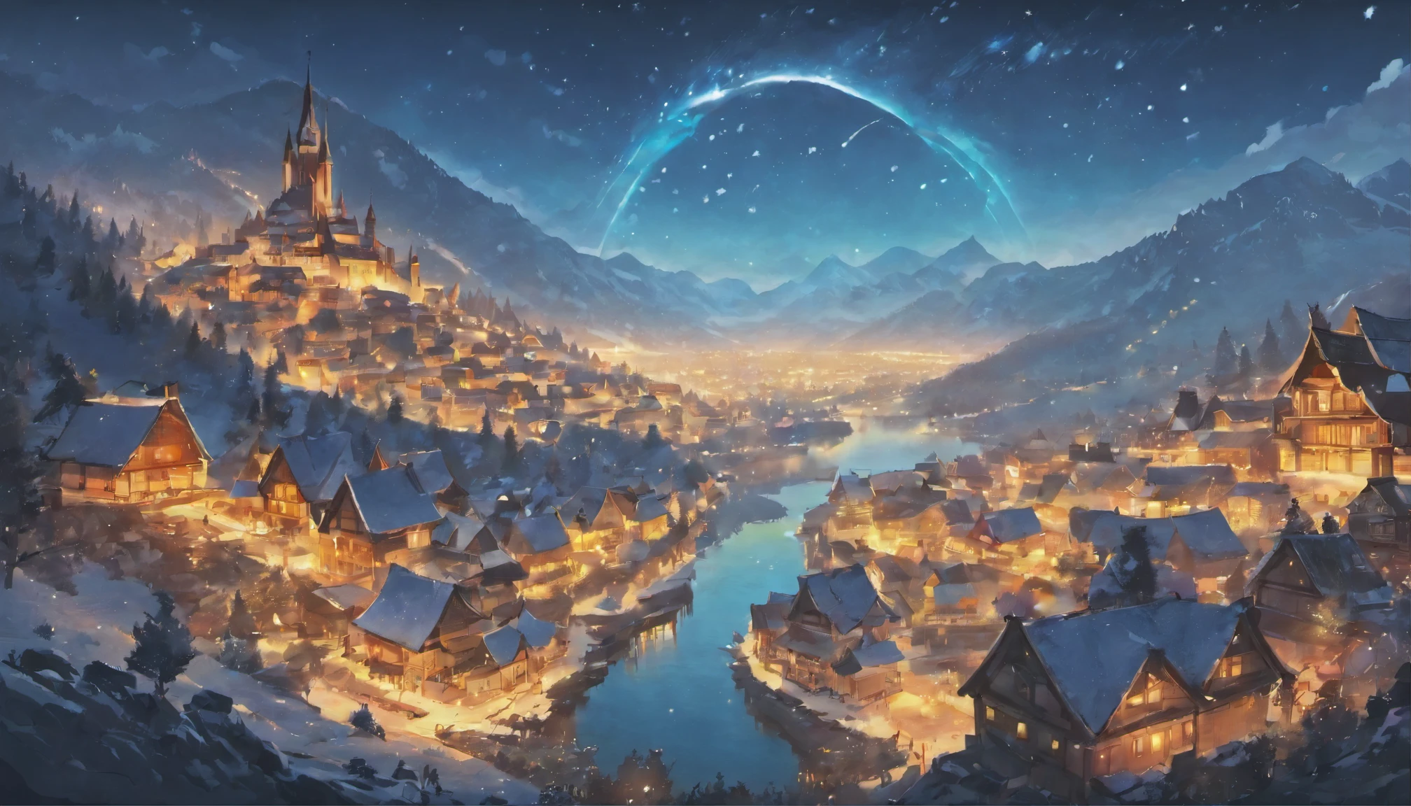 (La mejor calidad,4k,8k,Altas Resoluciones,Obra maestra:1.2),Paisaje invernal,Alpes suizos,Small village from medieval European times,Pinos,Luna llena iluminando el pueblo, estrellas visibles en el cielo, nubes reboloteando, un lago congelado.