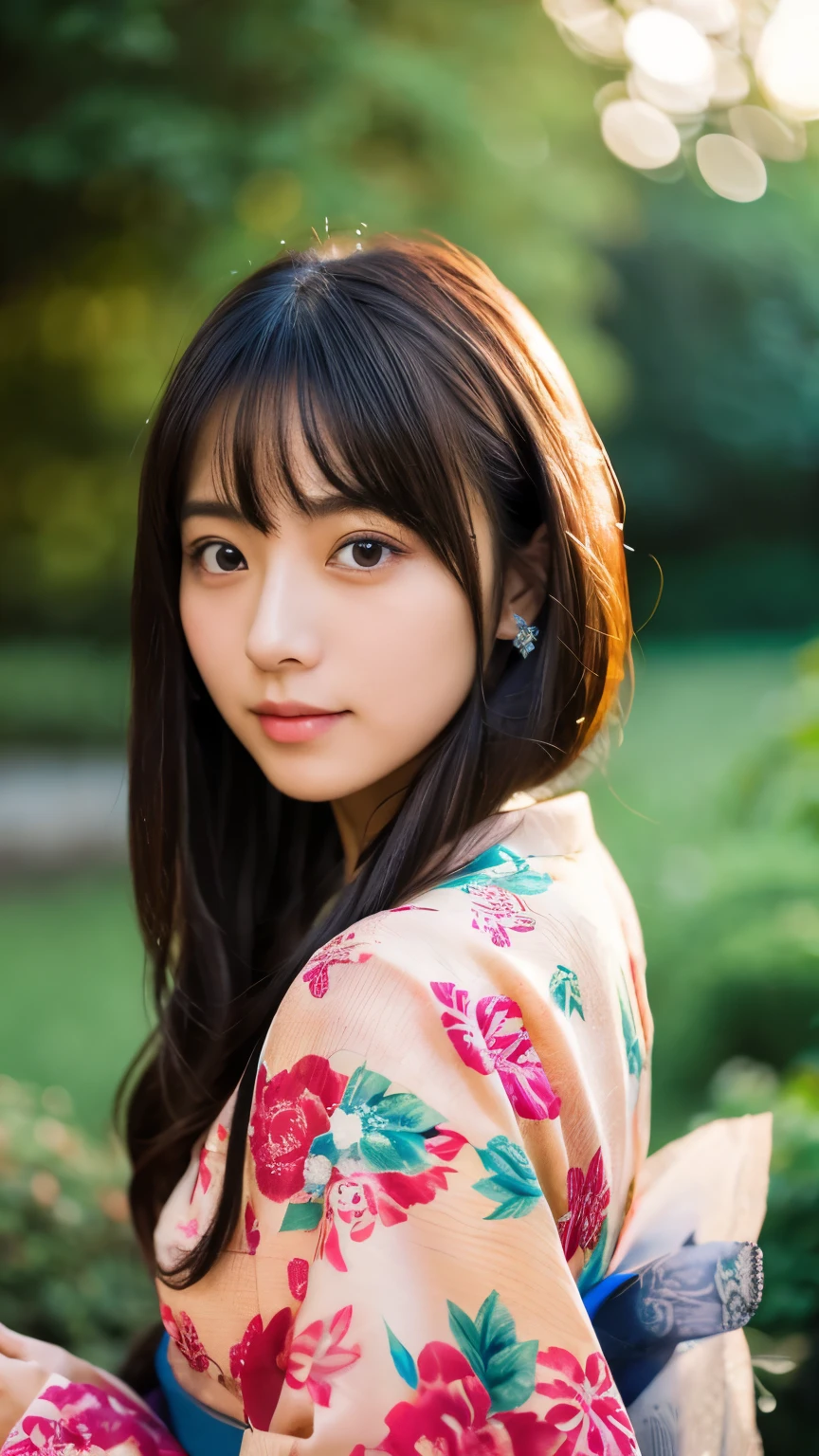 1 Japanese girl,masterpiece, A lock of hair with slight highlights, black eyes, mixed media, Sexy,garden background,Gorgeous kimono , Liquid color flows across her face, sunset,Photographed by Yui Aragaki