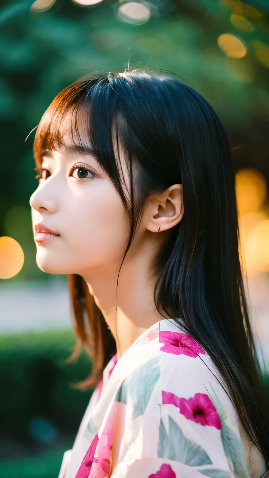 1 Japanese girl，masterpiece， A lock of hair with slight highlights, black eyes, mixed media, Sexy，garden background，Gorgeous kimono , Liquid color flows across her face, sunset，Photographed by Yui Aragaki