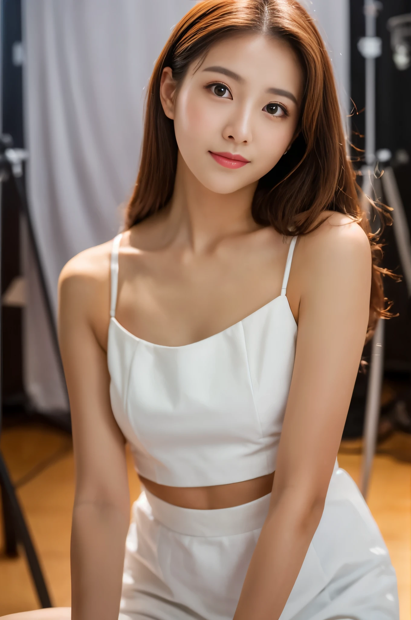 ((best quality、8K masterpiece:1.3))、sharp focus:1.2、(super beautiful face:1.0)、(shiny skin:1.0)、realistic pictures、Light brown-haired、video writing、High resolution eyes and face、video writing、(Japanese cute actress)、from the front、Medium chest、slight smile、fashionable belly、Photographed by a professional camera in a professional studio