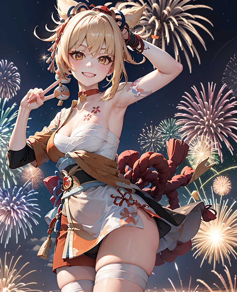 masterpiece, best quality, 1 girl, You Gong_Genshin, looking at existiewer, Smile, 手放exist臀部, exist, peace sign