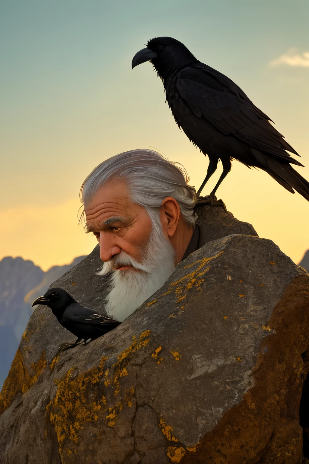 A profound and captivating image of a wise old man with wrinkled features and a long white beard, engrossed in a deep conversation with a crow perched atop a weathered rock. The crow, with its glossy, inky-black feathers and intense, intelligent eyes, seems to listen intently as the man speaks, its beak slightly ajar in thought. The sun casts long shadows over the rugged terrain, the golden light illuminating the intricate lines on the man's face and giving an ethereal glow to the crow. The scene is set against a backdrop of rolling hills and a vast, vibrant sky. This masterpiece, with its rich, warm colors