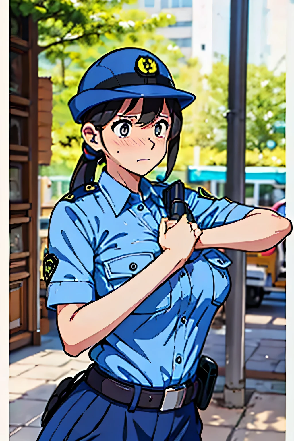large breast,police uniform, light blue shirt, blue pants, breast pocket, best quality, masterpiece,blue cap,black belt,policewoman,jp-police,nsfw,embarrassed,white skin,nsfw,