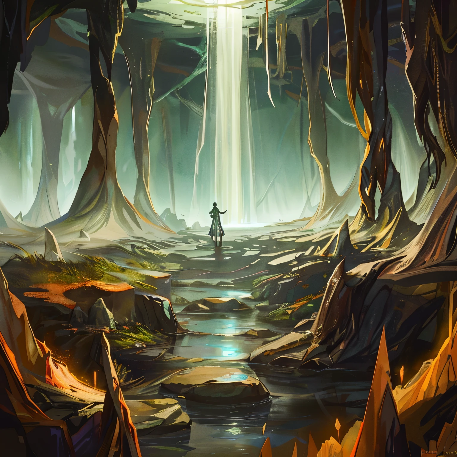 In the depths of a mysterious underground cave, a landscape shrouded in darkness and intrigue unfolds. Glowing crystals illuminate the cavern, casting an ethereal light that dances off the damp walls and shimmering stalactites. An underground river flows steadily through the heart of the cave, its current gentle yet persistent, adding to the enigmatic ambiance. Every detail of this underground world is rendered with the utmost care, from the intricate formations on the cave ceiling to the ripple effect on the water's surface. This high-detailed scene invites the imagination to explore the unknown depths of this hidden world.
