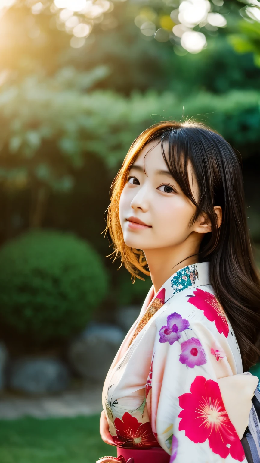 1 Japanese girl，masterpiece， A lock of hair with slight highlights, black eyes, mixed media, Sexy，garden background，Gorgeous kimono , Liquid color flows across her face, sunset，Photographed by Yui Aragaki
