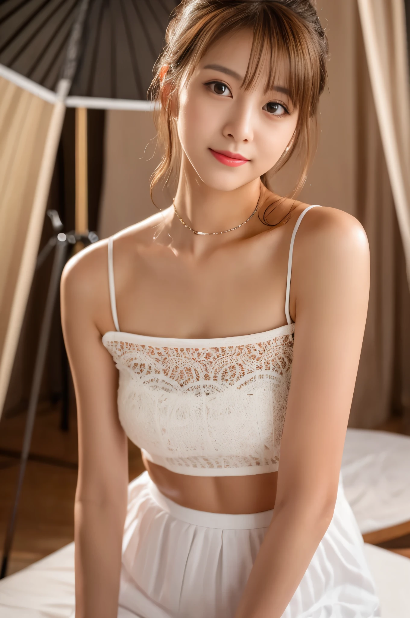 ((Best Quality, 8K, Masterpiece: 1.3)), (Lace Top with Skirt: 1.3), Focus: 1.2, Perfect Body Beauty: 1.4, Buttocks: 1.2, (Layered Haircut: 1.2)), (Dark Street: 1.3), Highly Detailed Face and Skin Texture, Full Body, Fine Eyes, Double Eyelids, Whitened Skin, Long Brown Hair, (Round Face: 1.5), (: 1.6)