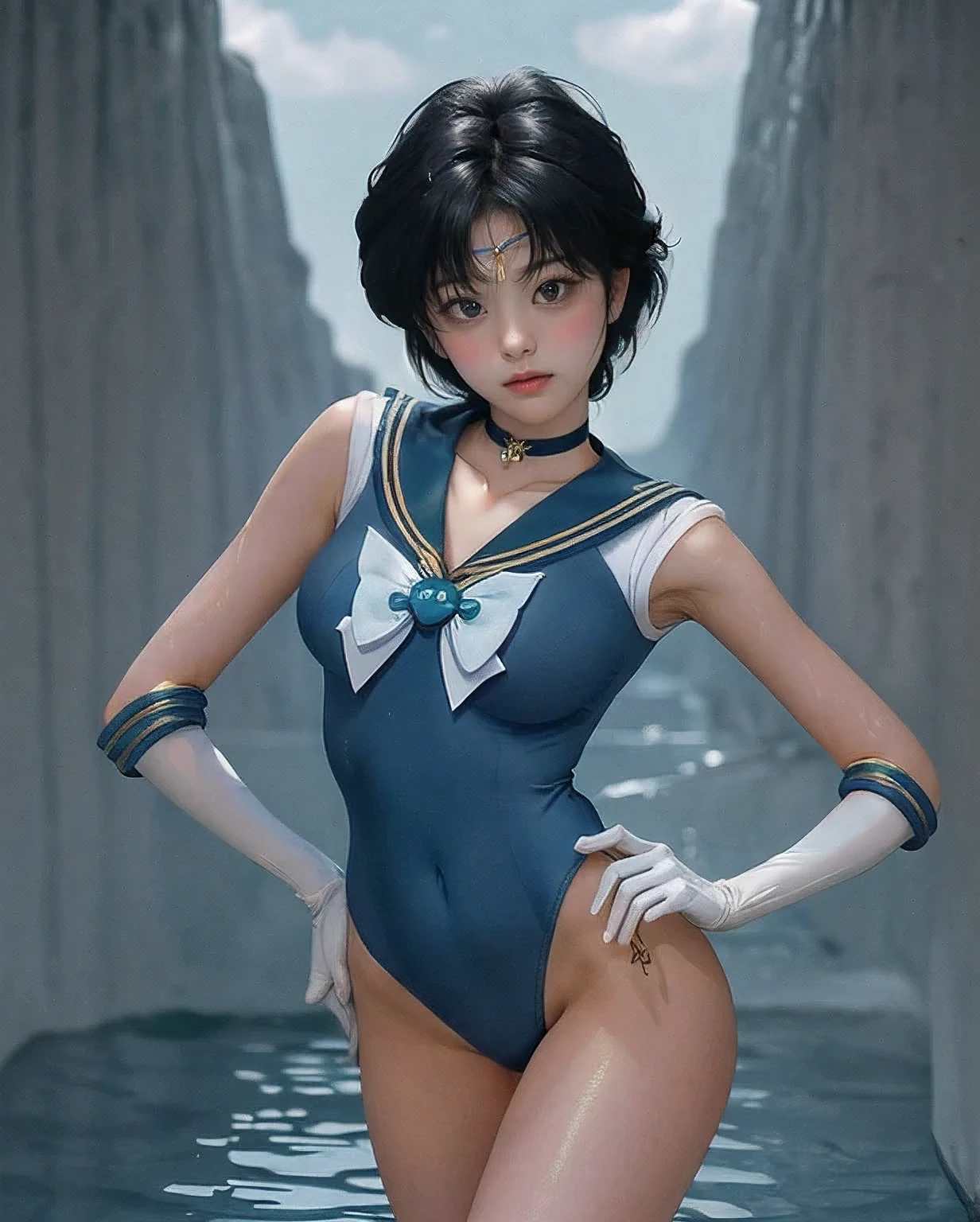 1 Sailor Mercury, highest quality, masterpiece: 1.3, 12 year old beautiful girl, Too cute small face, realistic, highly detailed pictures, Erotic cute female masturbation, ((really beautiful girl)), (choker 1, Sailor Senshi Leotard:1.6), (sailor mercury fabric'costume is too thin.), 12 year old Sailor Mercury, ((anatomically correct)), (facial details: 1.2, well-groomed face, Big eyes, beautiful face, both eyes are facing the same direction, thin and thin eyebrows: 1.3, Lower body wet with love juice), (blue: 1.1,Erotic cute little face: 1.1, long white gloves up to the elbow: 1.2, white gloves with blue elbows), (I'I'm not wearing anything on my lower body.), floating short hair (blue choker, beautiful thighs, emphasize the clitoris, Spread leg pose with knees on the ground), slender body shape, Please do not show your fingers, perfect hands足, really small nose, don't show your nostrils, Her excited expression is erotic and cute, leotard too close to the skin, perfect hands: 1.5, Strong natural light, sunlight, exquisite light and shadow, very small profile, Glossiness, Digital single-lens reflex camera, sharp focus, maximum clarity and sharpness, Ultra-high-definition depiction of the crotch, genital, and the gap, (My whole body is wet with sweat and cloudy liquid..),
