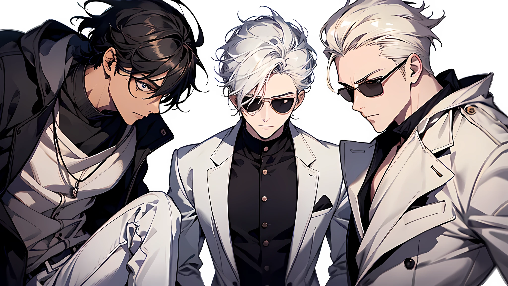 three boys, One of them wears a backwards cap and has black hair, em estilo anime. One of them wears a white suit and white pants with black sneakers and has white hair, em estilo anime. another wears an open white coat and on his head has a crown and on his face has sunglasses and has blond hair. personagem estilo anime, como um personagem de anime, anime. perfect face, perfect eyes, perfect face, perfect nose