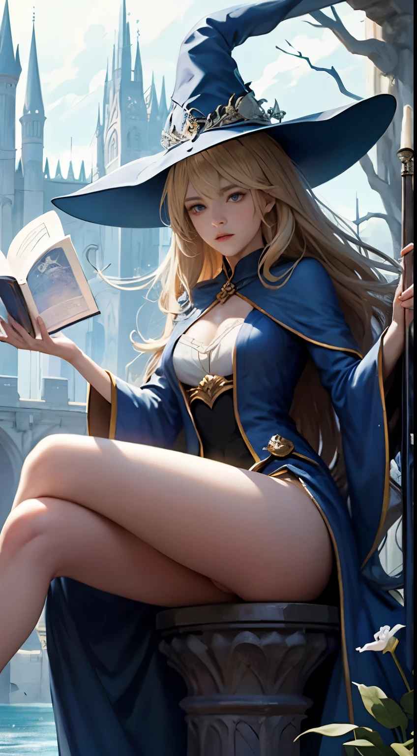 dark magician girl, masterpiece, best quality, (1 solo girl with long blonde hair), wielding a magical staff, (beside a tranquil body of water), dressed in elegant robes, blue wizard hat sitting firmly on her head, in the midst of spell casting, a majestic castle:2 in the background, moonlight:1.2 casting a soft, chromatic aberration glow, depth of field adding to the depth and mystery, motion blur capturing the essence of her swift magic, highly detailed face with expressive eyes, and a book of ancient spellbook in hand, intricate and delicate lines, creating a perfectly captivating and highly detailed scene.