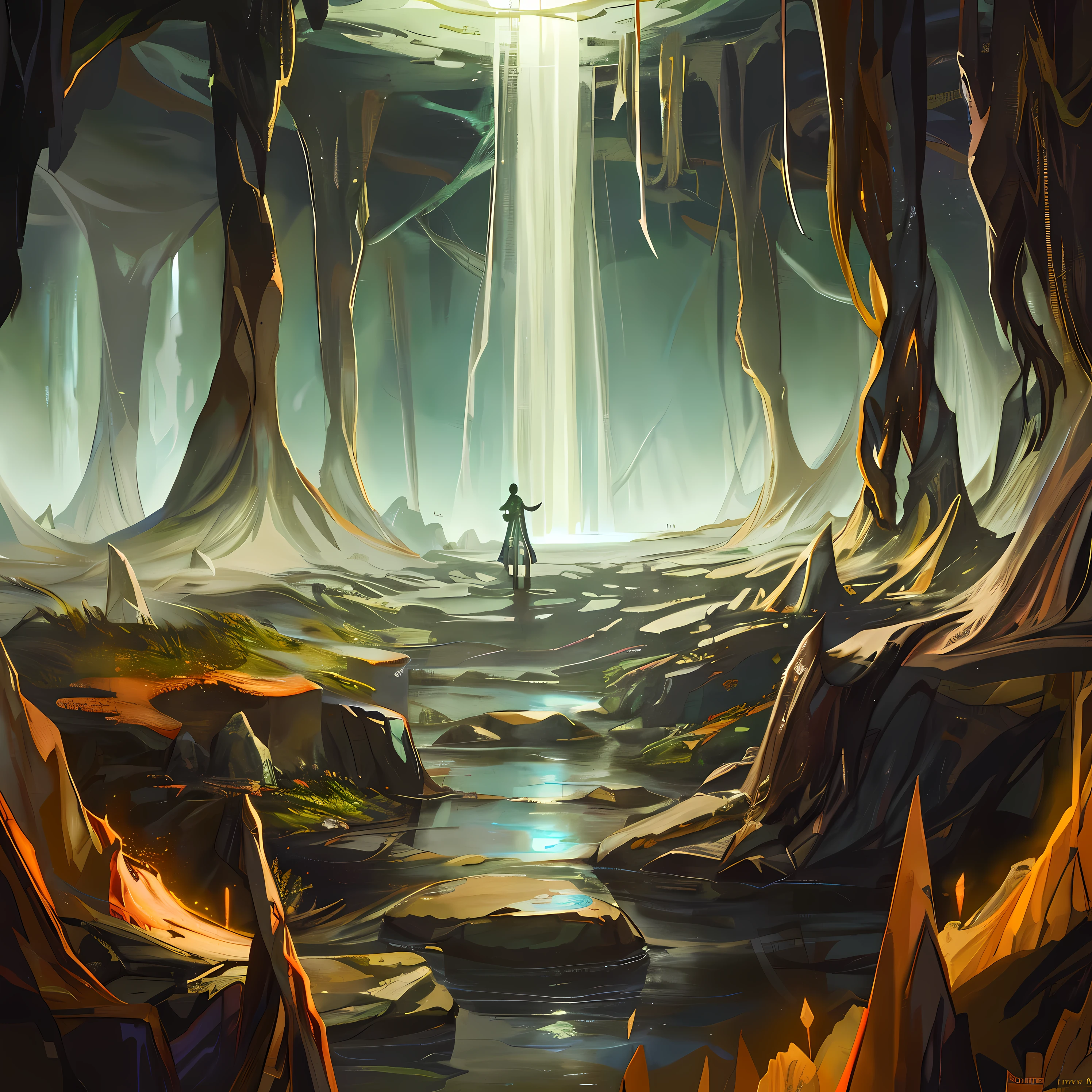 Deep in a mysterious underground cave, un paisaje envuelto en oscuridad y la intriga se desarrolla. Cristales brillantes iluminan la caverna, casting an ethereal light that dances on the damp walls and glistening stalactites. An underground river flows constantly through the heart of the cave., su actual suave pero persistente, adding to the enigmatic atmosphere. Every detail of this underground world is represented with the utmost care., desde las intrincadas formaciones en el techo de la cueva hasta el efecto ondulado en la superficie del agua. This highly detailed scene invites the imagination to explore the unknown depths of this hidden world..