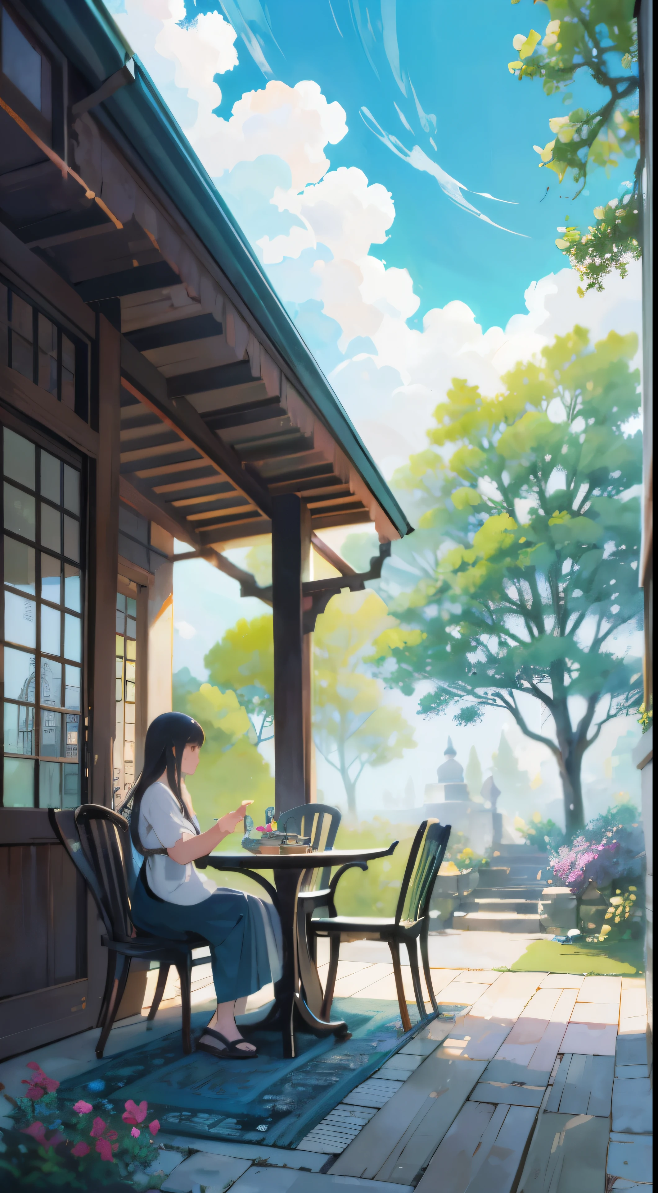 Immersive painting of a serene courtyard adorned with a charming table and chairs, as well as a cozy bench, perfectly captured in this exquisite anime background art. The intricate details and meticulous brushstrokes transport you to a tranquil oasis, while the relaxing concept art emanates a sense of peace and tranquility. It is a true masterpiece, showcasing a beautiful artwork illustration that exemplifies the harmonious blend of nature and human design. The scene, reminiscent of Studio Ghibli environments, captures the essence of a idyllic courtyard with its immensely detailed scenery. The anime scenery concept art is a testament to the artist's skill and creativity, offering a stunning visual representation of a serene and inviting environment.
Mesmerizing painting capturing a dreamlike moment of