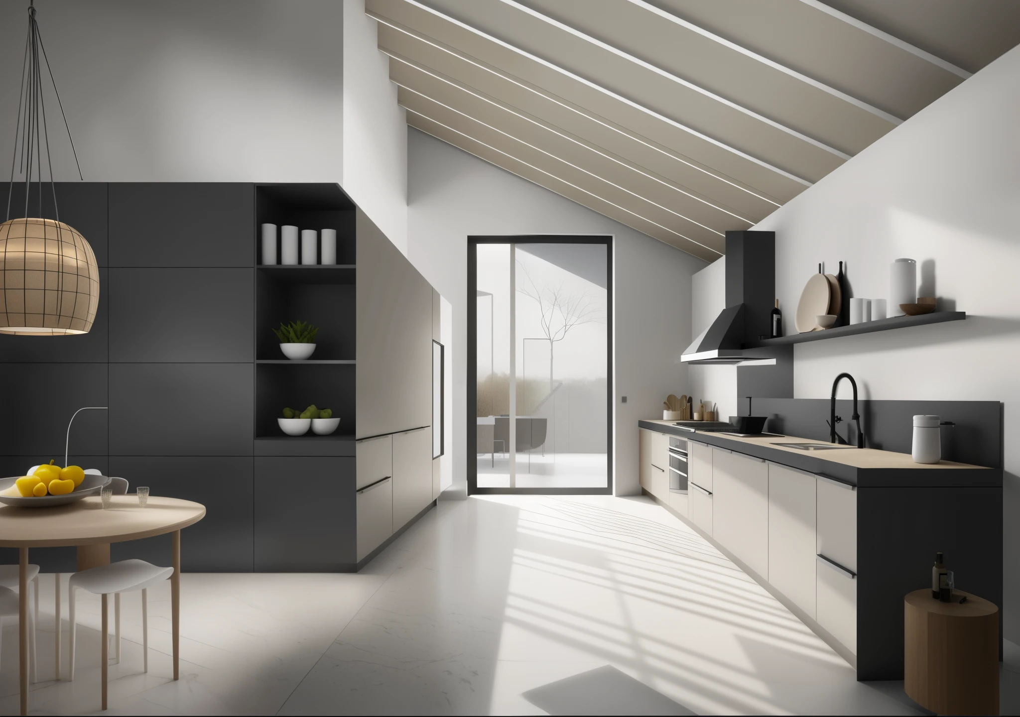 There is a kitchen,There is a table and a bowl of fruit, highly photographic rendering, architectural visualization, Award-winning rendering, Luxury custom kitchen design, photographic rendering, presented in corona, Award-winning digital rendering, architectural visualization, photoreal render, minimal kitchen, artistic rendering, dramatic rendering, LuxCore rendering, Award-winning rendering, color, stunning rendering