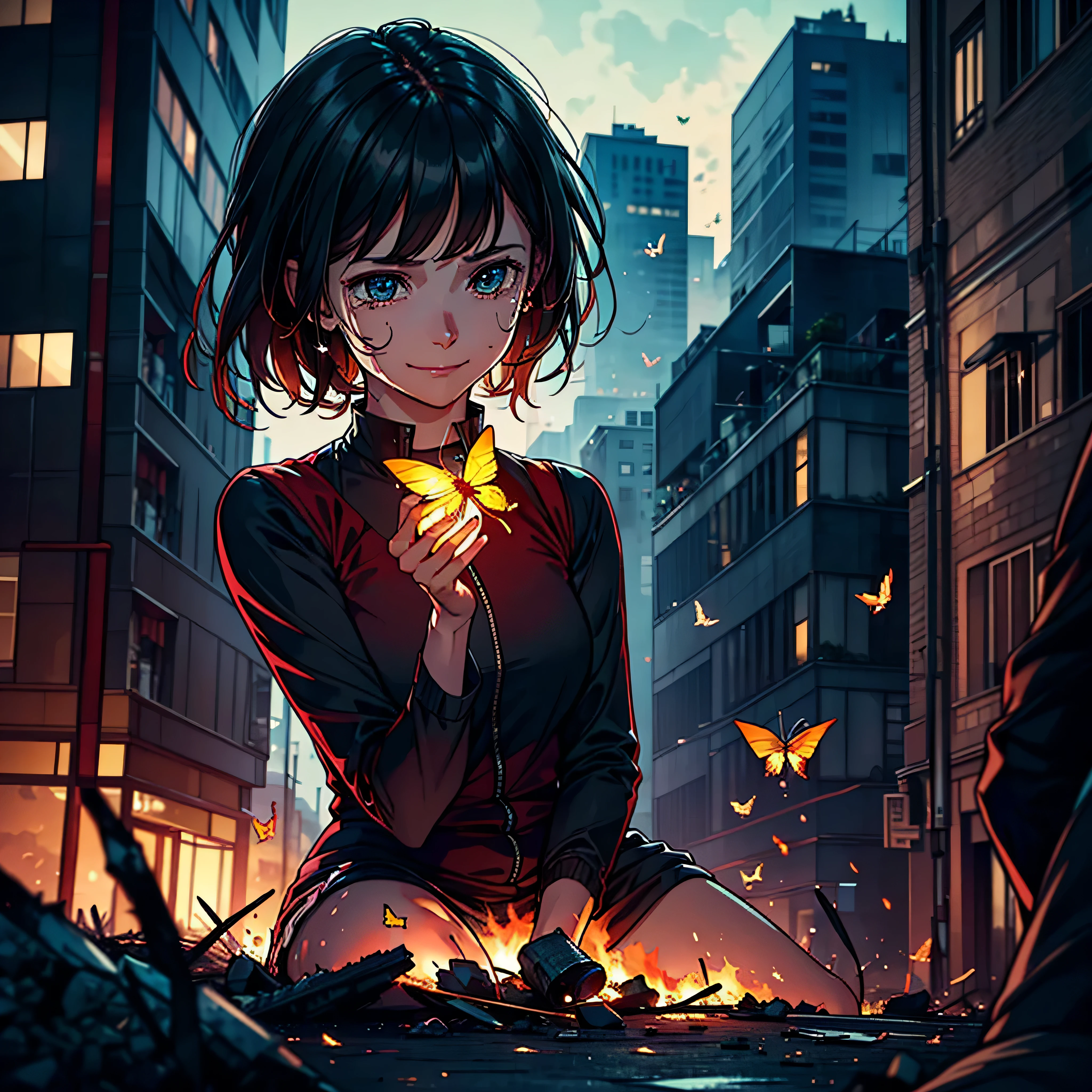 "Ultra-realistic depiction of a , sitting with sorrow, agony, ((dried eye drops, camera focused face)), messy and curl hair, dusty face and cloth,(( a destructed city in background, fire, human ?????? on ground, some people are crying, destroyed building)), a butterfly sits on her forefinger, (((she is looking at the butterfly and a little bit smile))), hyper detailed, dynamic color, black and gray shade, super emotional picture, set against a hauntingly dark backdrop and surrounded by swirling dark smoke. The image should be in a captivating 16:9 format."