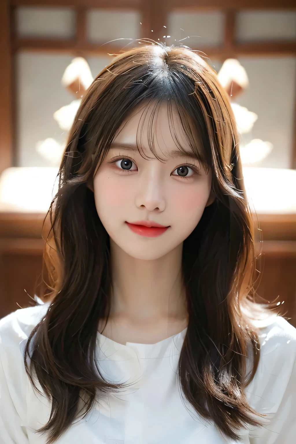 Generate an image of a fictional character with a balanced and symmetrical face. The character has a warm complexion with soft, inviting features including almond-shaped eyes, a straight and well-defined nose, and full lips. Her expression is serene with a hint of a smile, and her long, straight hair frames her face in a gentle cascade."