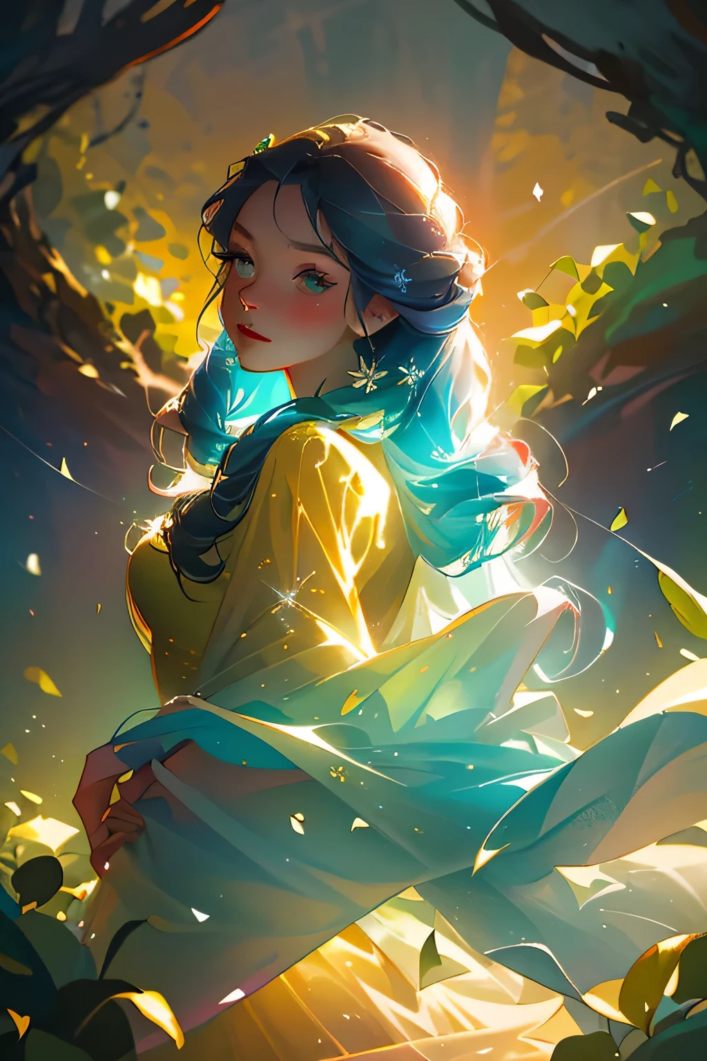 (best quality, masterpiece), 1 girl, pose, particle, wind, flower, upper body, simple background, looking at the viewer, brown hair, galaxy, fairy sleeping on water,