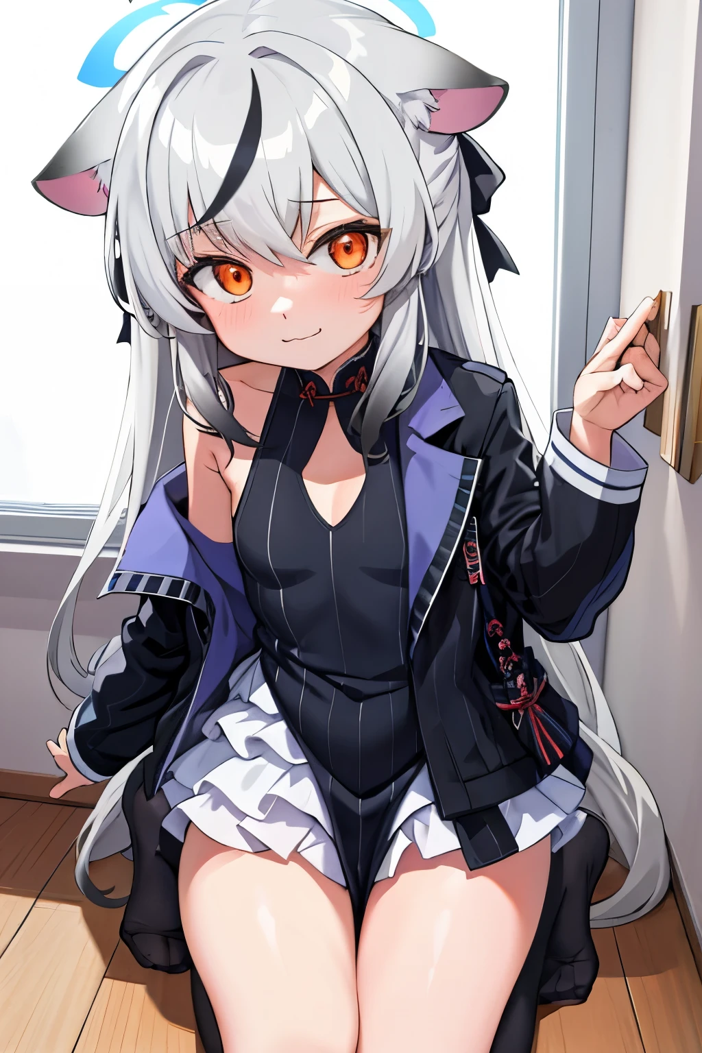tmasterpiece, best qualtiy, ultra - detailed, 1girll,Gray hair Kokona, inside in room, Orange eye, :3,the face, closeup cleavage, Winter suit, winter wonder