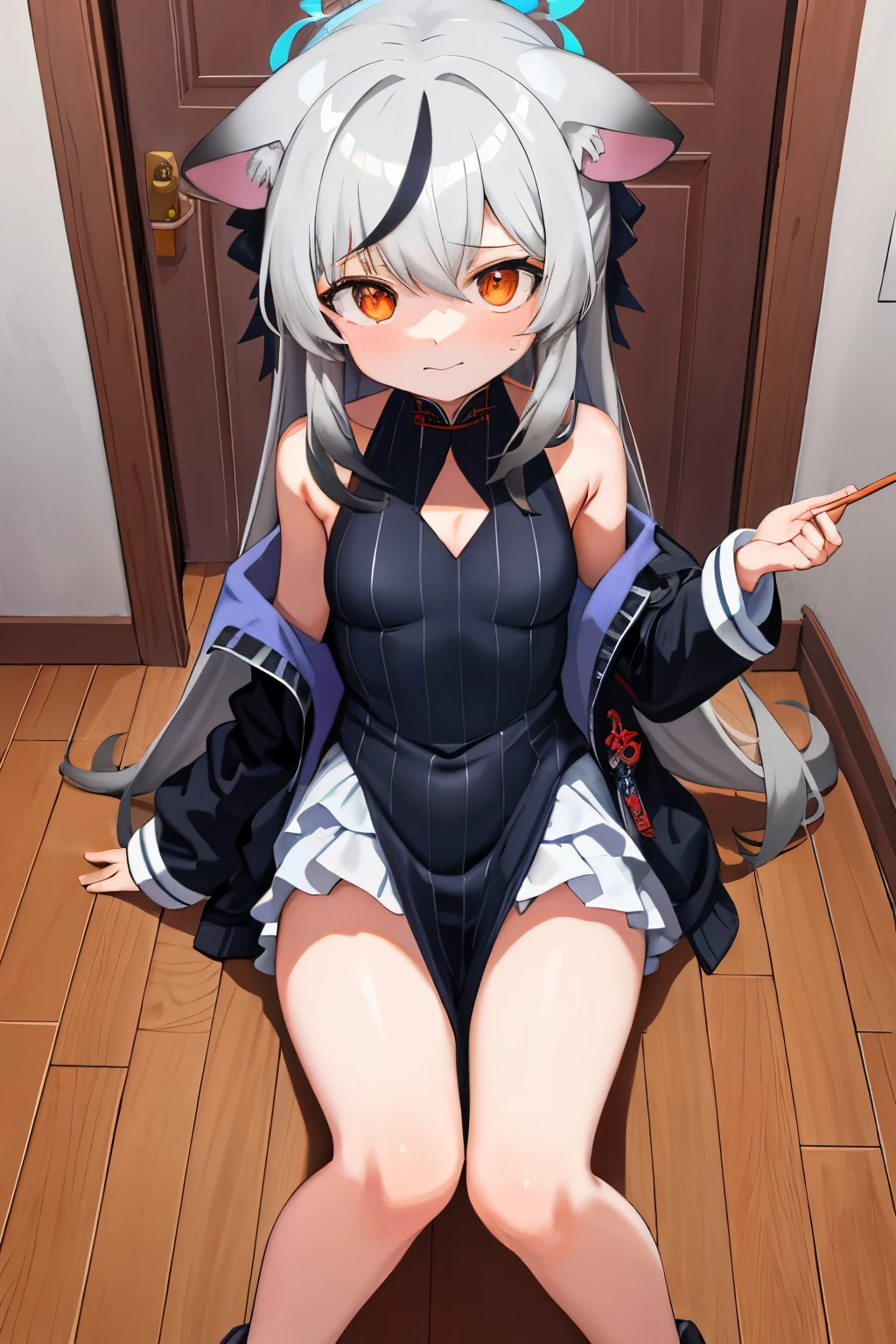 tmasterpiece， best qualtiy， ultra - detailed， 1girll，Gray hair Kokona， inside in room， Orange eye， ：3，the face,  closeup cleavage,  Winter suit, winter wonder