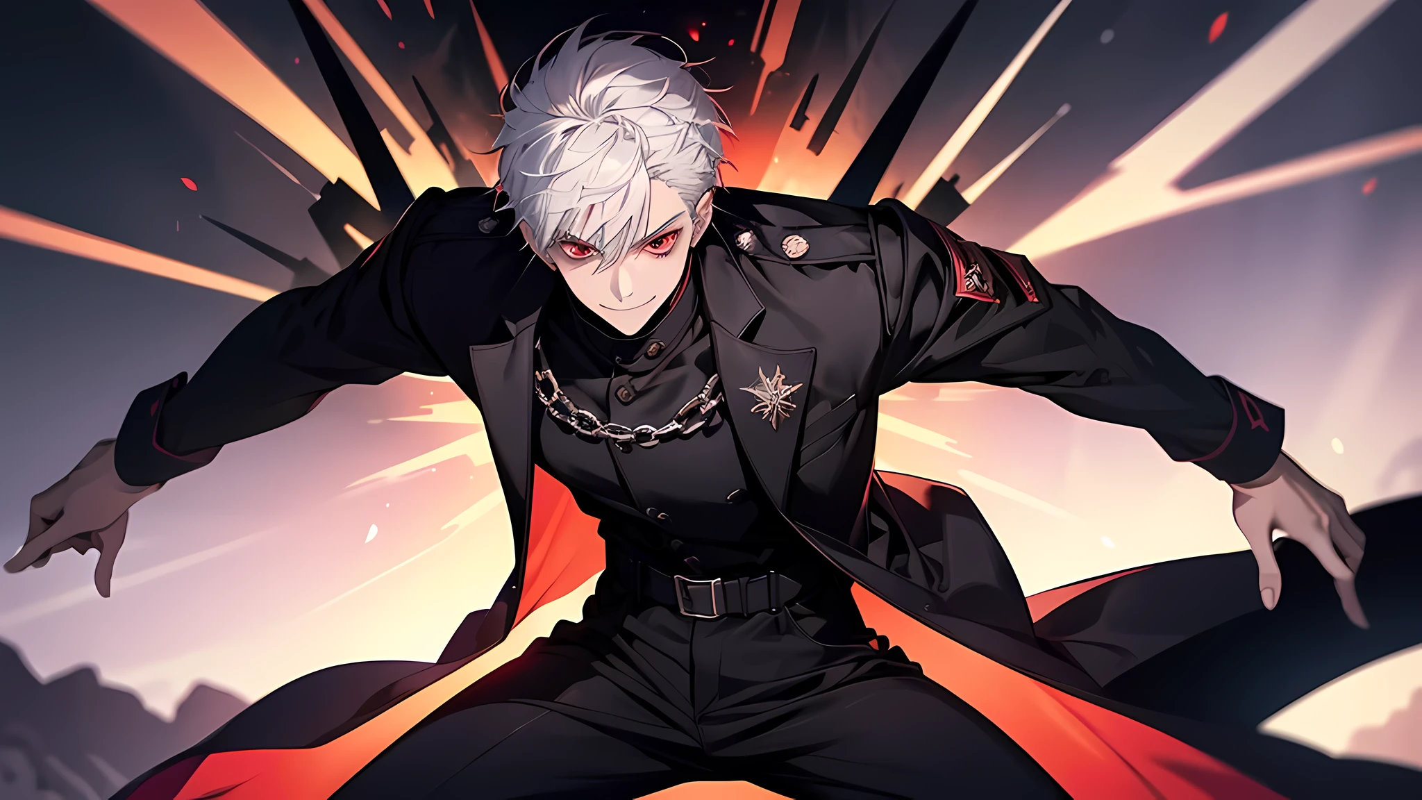 1 boy, short white hair, dark red eyes, flat bust, fanged smile, black jumpsuit and black pants, a sword with red and purple flames, epic pose, You can choose the Extreme difficulty from the 2nd round, and the infamous Hell difficulty from the 3rd round onwards