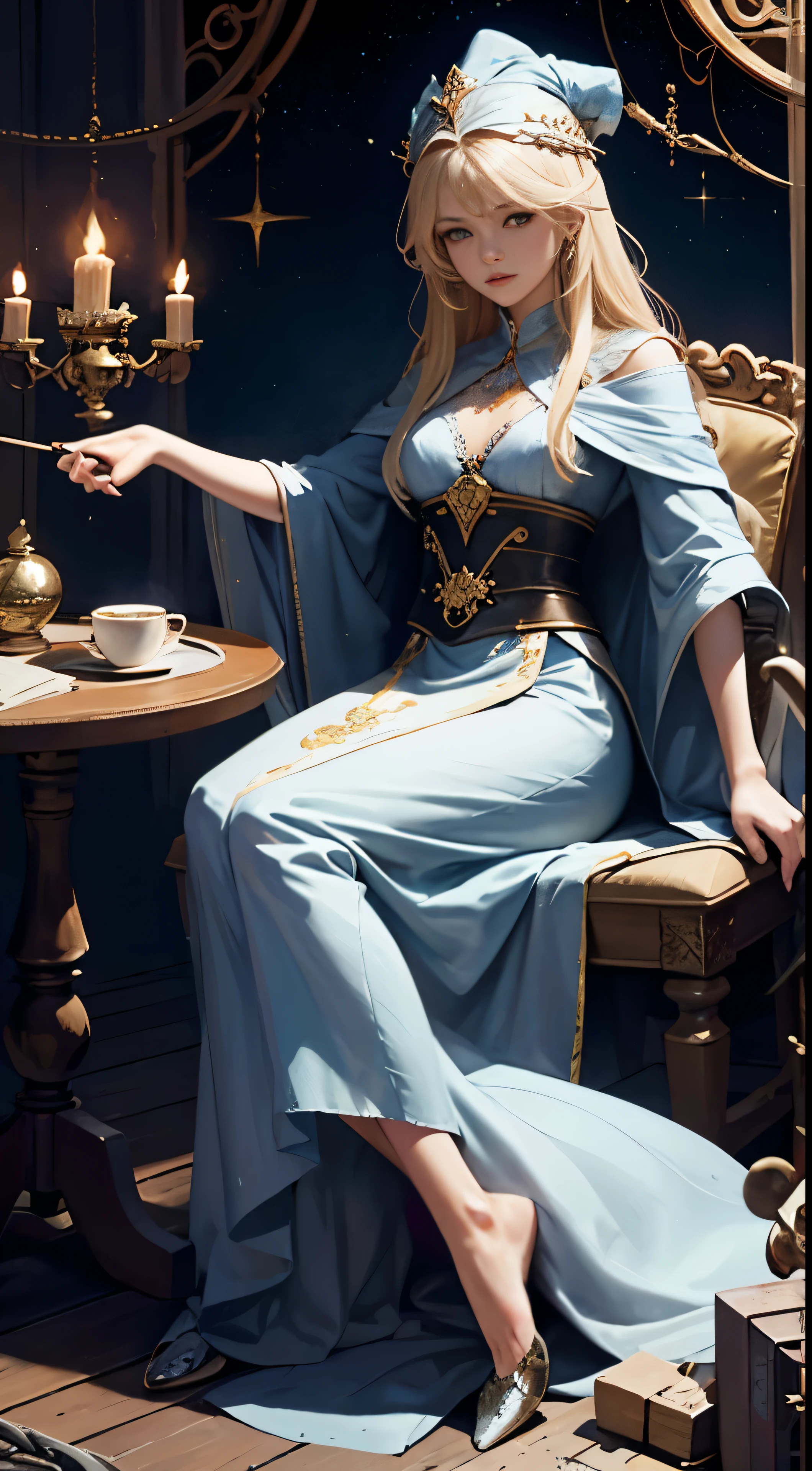 dark magician girl, masterpiece, best quality, (1 solo girl with long blonde hair), wielding a magical staff, (beside a tranquil body of water), dressed in elegant robes, blue wizard hat sitting firmly on her head, in the midst of spell casting, a majestic castle:2 in the background, moonlight:1.2 casting a soft, chromatic aberration glow, depth of field adding to the depth and mystery, motion blur capturing the essence of her swift magic, highly detailed face with expressive eyes, and a book of ancient spellbook in hand, intricate and delicate lines, creating a perfectly captivating and highly detailed scene.