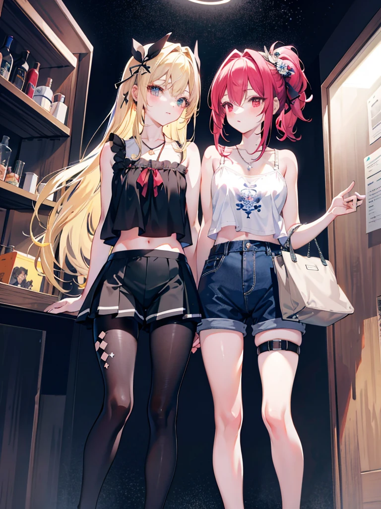 twin, masterpiece,best quality,official art,Extremely detailed CG unified 8k wallpaper, 2 girls, cute female , Yuri, hair accessories, shorts, crop top, pantyhose, ribbon_necklace, leg straps,