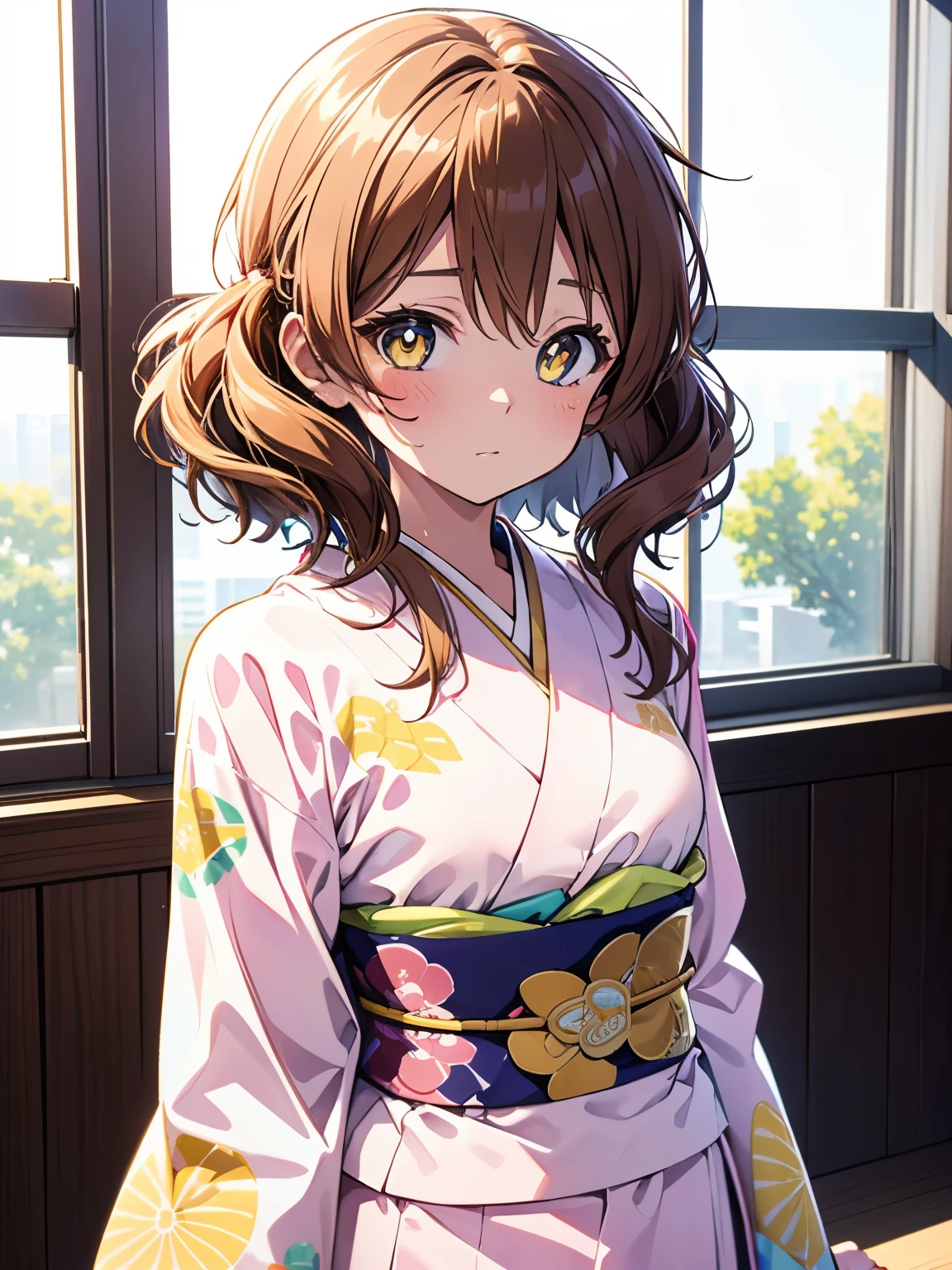 High resolution,galaxy maiden、the whole thing is shining, sweet girl，highest quality, super high quality,3D images,Pale pink-yellow with sparkling hair and pupils，Yellow before_Kumiko,kimono, Yellow and white，