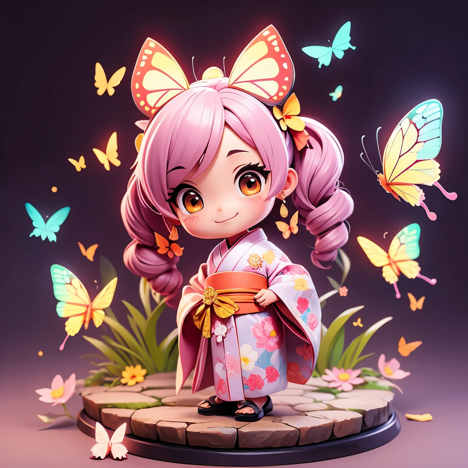 Anime characters in Japan(chibi girl、smile、kimono、butterfly hair ornament)There is a manhole cover with a、colorful