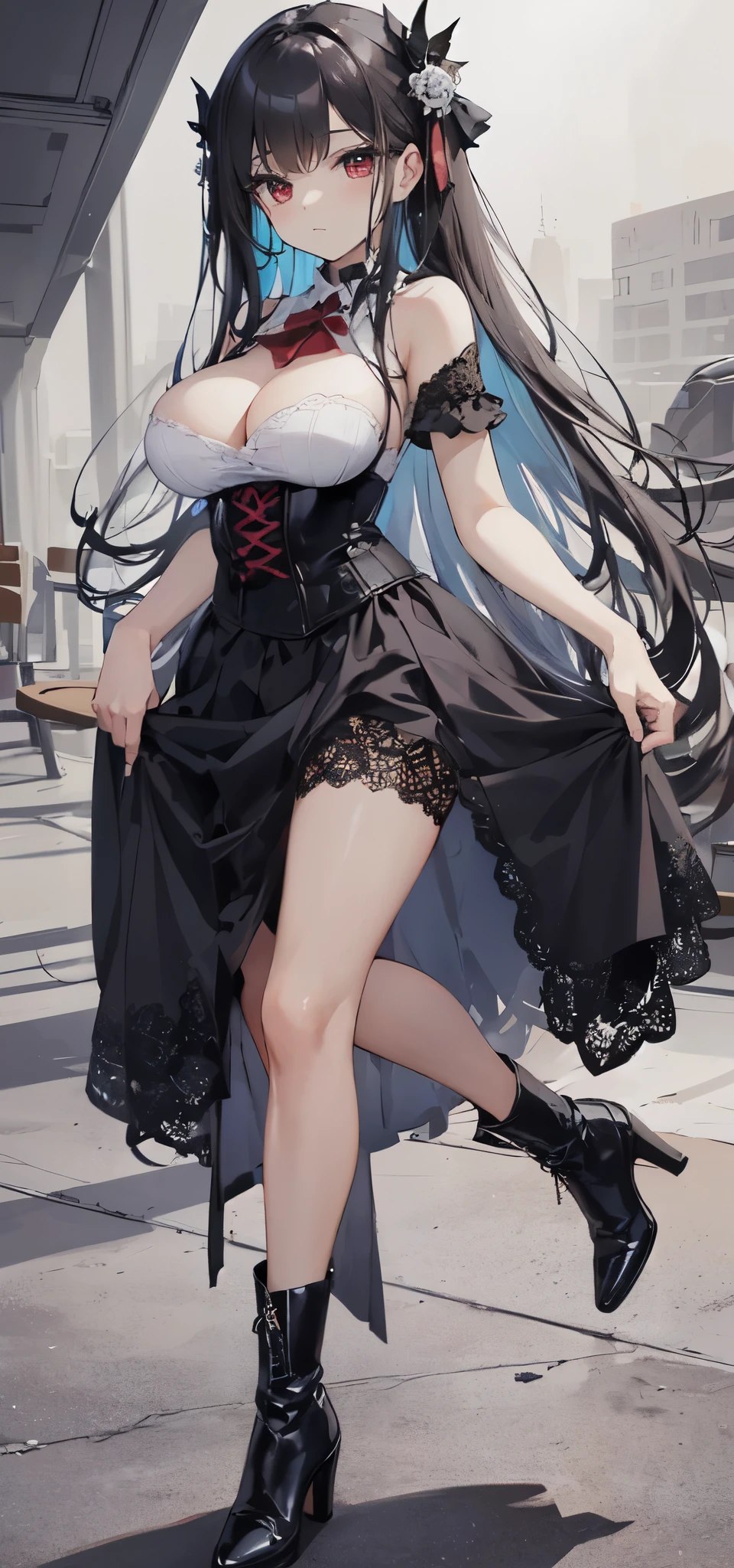 ((masterpiece, best quality)), High resolution, distinct image, (1girl), (solo), (female Focus), posing, (g0thdr3ss, dress, dip hem dress, gothic, white and black dress, highheels, ankle boots, lace train, dip hem, bare shoulders, corset dress,), (long black hair), (red eyes), (eyelashes), (large breasts 1.4),  oficial art