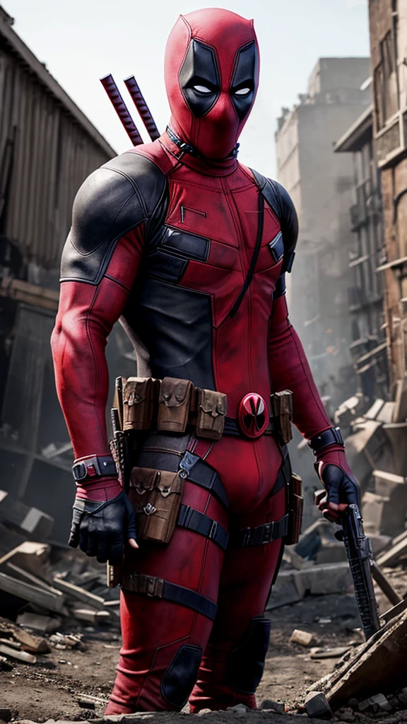 An idealized image of Deadpool that captures the essence of the character in an iconic and aesthetically stunning manner. Deadpool is portrayed in a dynamic and imposing pose, with every detail of his attire, weapons, and facial expression carefully crafted to convey his unique personality. Vivid and vibrant colors stand out against a backdrop that evokes a sense of controlled chaos, with brutal and urban elements that complement the nature of the anti-hero. The overall composition is elegant and powerful, capturing the perfect balance between the brutality and sophistication that defines Deadpool.
