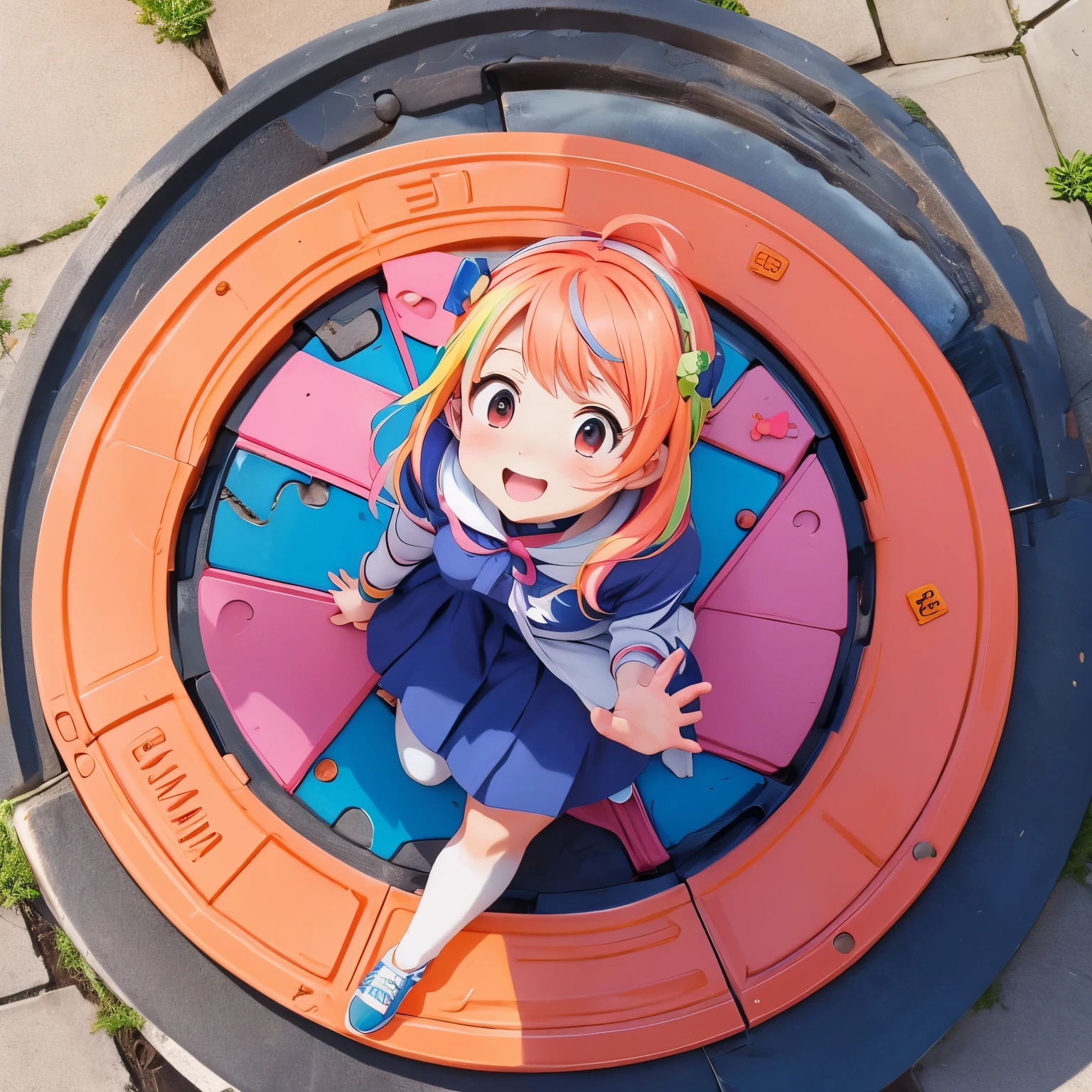 anime character（smiling girl）There is a manhole cover with a、colorful