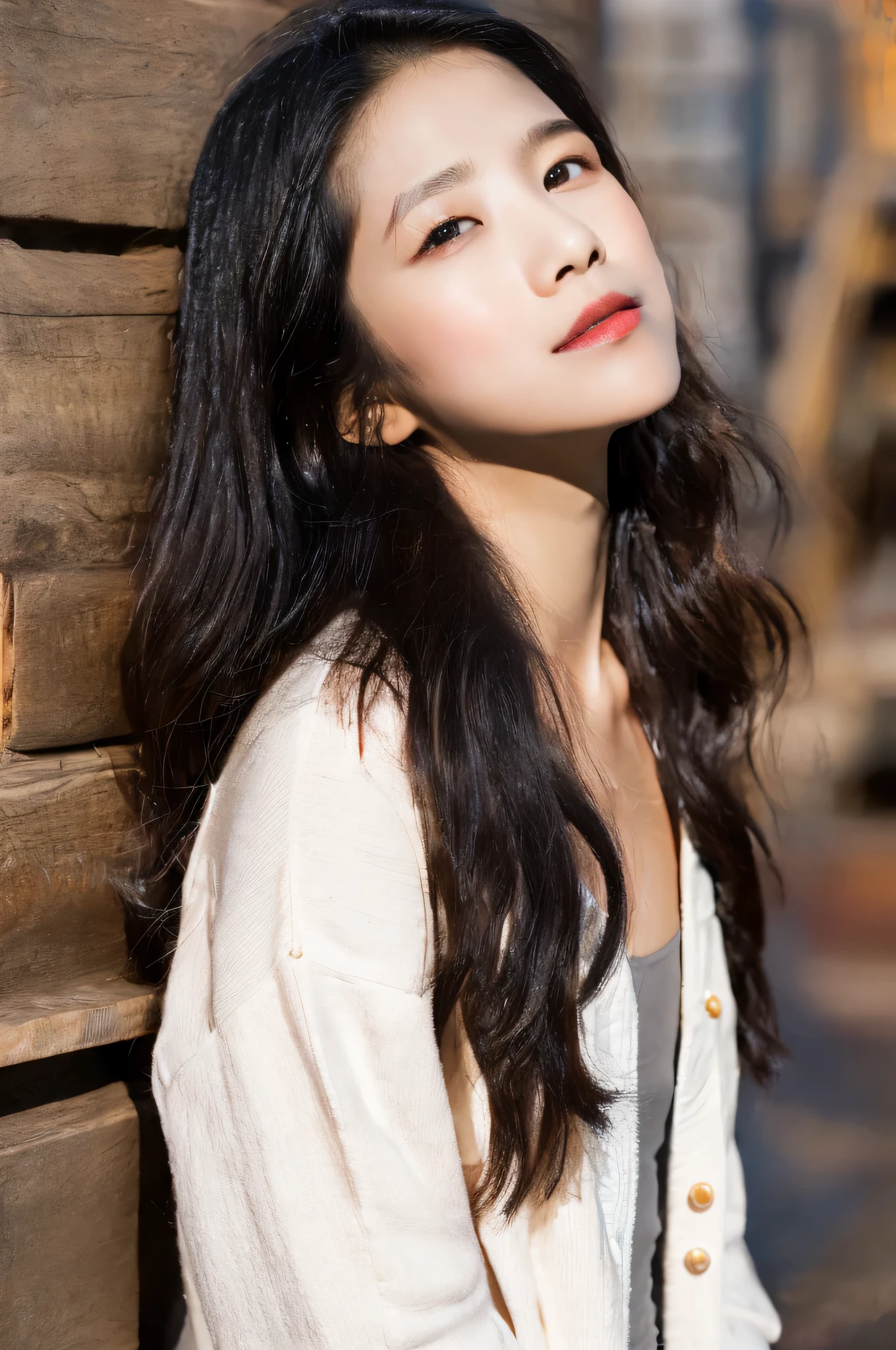 masterpiece, best quality, ultra high resolution (authenticity: 1.4), original photo, 35mm lens, Aperture F1.4, poster, light and shadow, a girl, white cardigan, long black hair, real skin, (Skin details: 1.3),