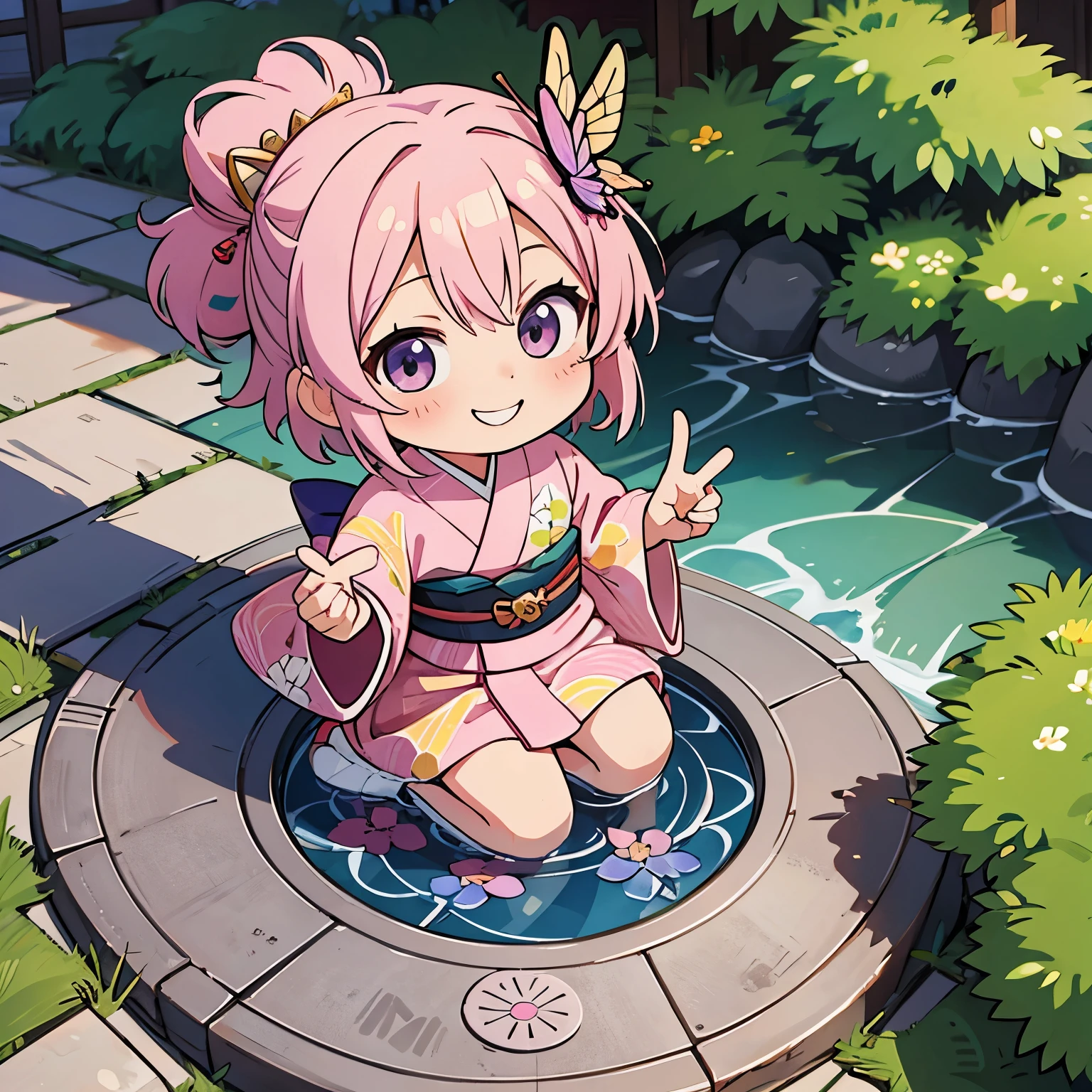 Anime characters in Japan(chibi girl、smile、kimono、butterfly hair ornament)There is a manhole cover with a、colorful