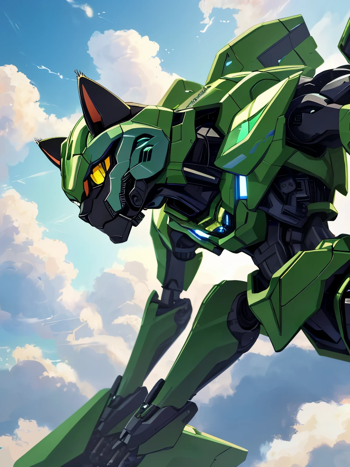 Unorganized resolution, High resolution, (masterpiece: 1.3), hyper detail, Mecha, (((cat design))),Green armor, floating in the sky (1.8) Against the background of blue sky and white clouds