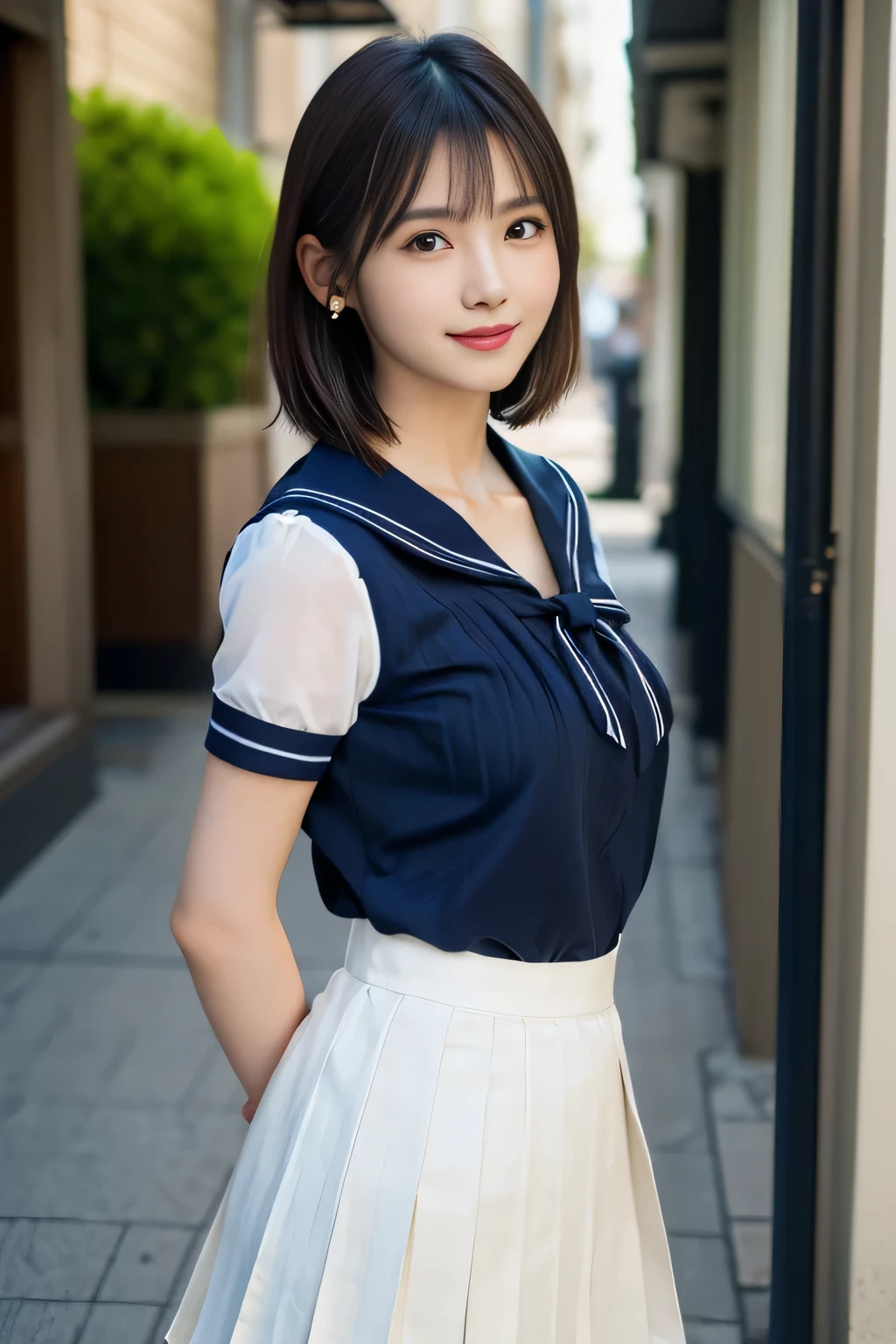 white see-through blouse,facial interview, (Photoreal:1.4), (hyper realistic:1.4), (realistic:1.3), (smooth lighting:1.05), (Improve video lighting quality:0.9), 1 female, (10 year old girl:1.2), realistic lighting, Backlight, facial light, ray tracing, (cheerfulness:1.2), (Improved image quality:1.4), (最高級のrealisticテクスチャードスキニーアイ, small face, red cheeks, slender body, :1.8、pointy chin,,,,,,, japanese idol, Nogizaka idol, glowing skin, fiery idol pose, P, dull bangs, black hair, hair behind the ear, medium bob hair:1.2,tear bag，summer plateau、(white short sleeve blouse、sailor suit、Navy P Pleated Skirt:1.2)