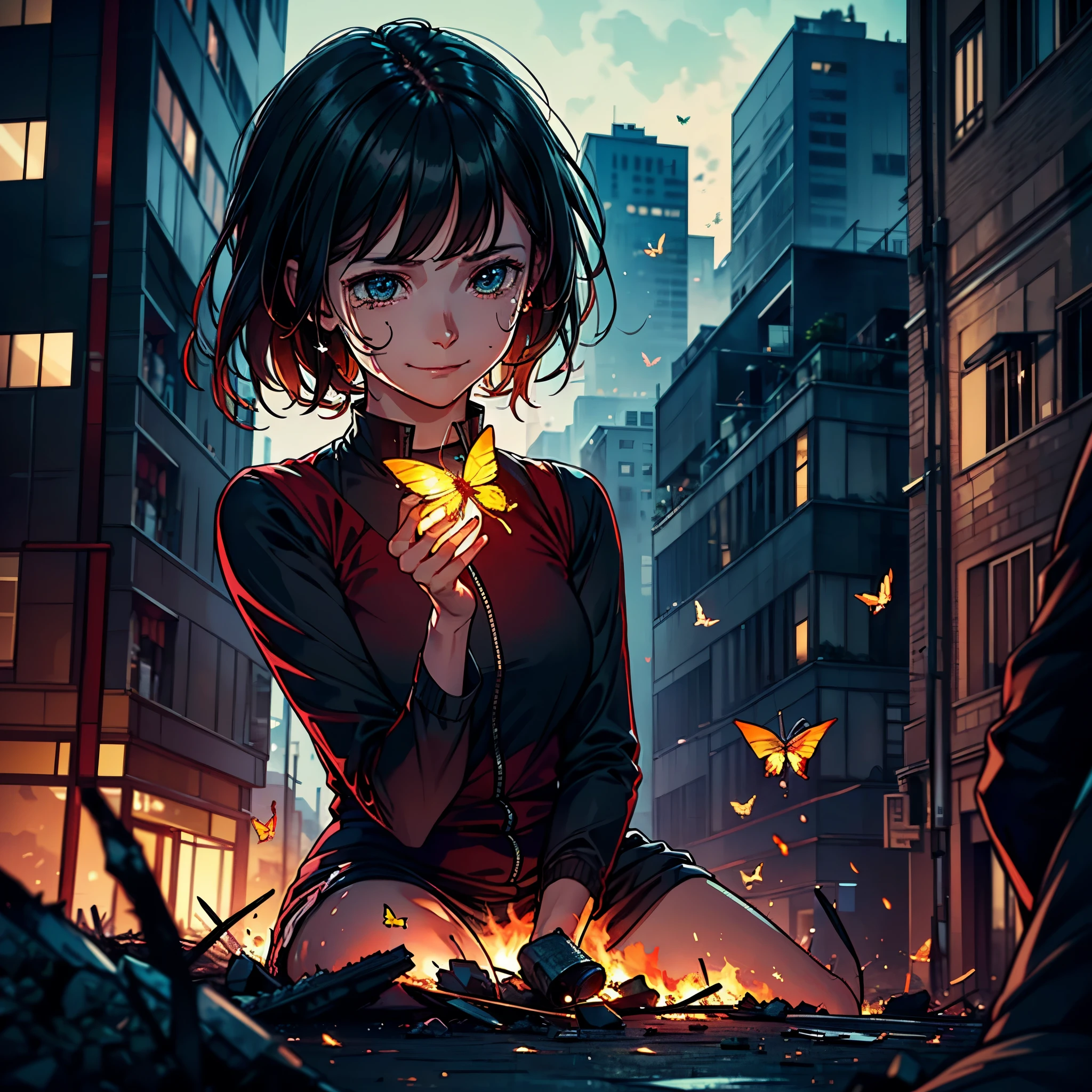 "Ultra-realistic depiction of a , sitting with sorrow, agony, ((dried eye drops, camera focused face)), messy and curl hair, dusty face and cloth,(( a destructed city in background, fire, human corpse on ground, some people are crying, destroyed building)), a butterfly sits on her forefinger, (((she is looking at the butterfly and a little bit smile))), hyper detailed, dynamic color, black and gray shade, super emotional picture, set against a hauntingly dark backdrop and surrounded by swirling dark smoke. The image should be in a captivating 16:9 format."