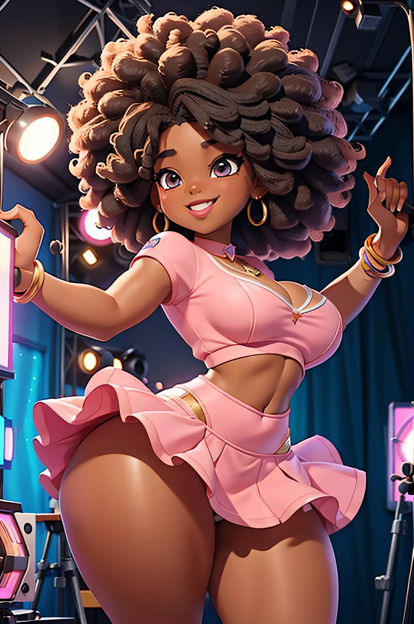 HD, dark skinned, young girl, age 8, humanoid, honey, black afro hair, (((afro hair))), Jackie Parris, ((((Jackie Parris)))), full body cgsociety, 3 d character art, full character body, detailed full body concept, stylized character, erotica, ((young girl, 1girl, age 8)), ((complex detailed background, inside, backstage, studio, bright lighting)), chubby, small, short, action pose, smiling, wearing a pink and white ballerina outfit, dancing, stretching
