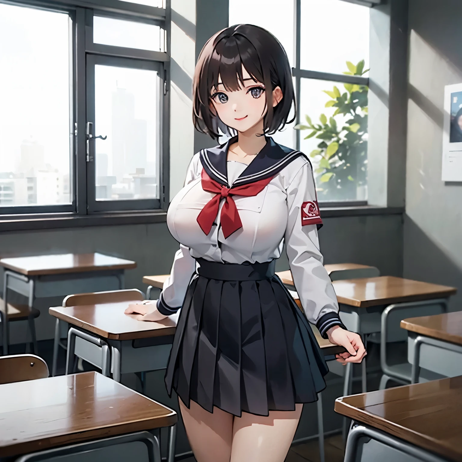 ((layered haircut、big breasts:1.2)),(8K,highest quality),full body shot shot,Winching from a distance,distant shot,School classroom,wear school uniform,student,class,play the game,Wearing a sailor's suit pleined skirt,full body photo shoot:1.9, android, adorable, smile, thin face, short and fine hair, 32K, master piece, best image quality,Super high resolution,perfect hands,looking for_in_peeping in the viewer,