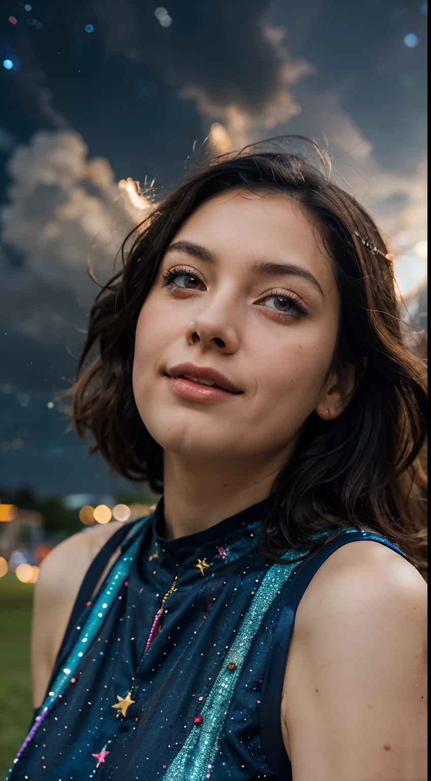 High detail, super detail, super high resolution, girl enjoying her time in the dream galaxy, surrounded by stars, warm light sprinkled on her, background is starry sky with colorful galaxies and galaxy clouds, stars flying around her, delicate face, adding playful atmosphere , --v6