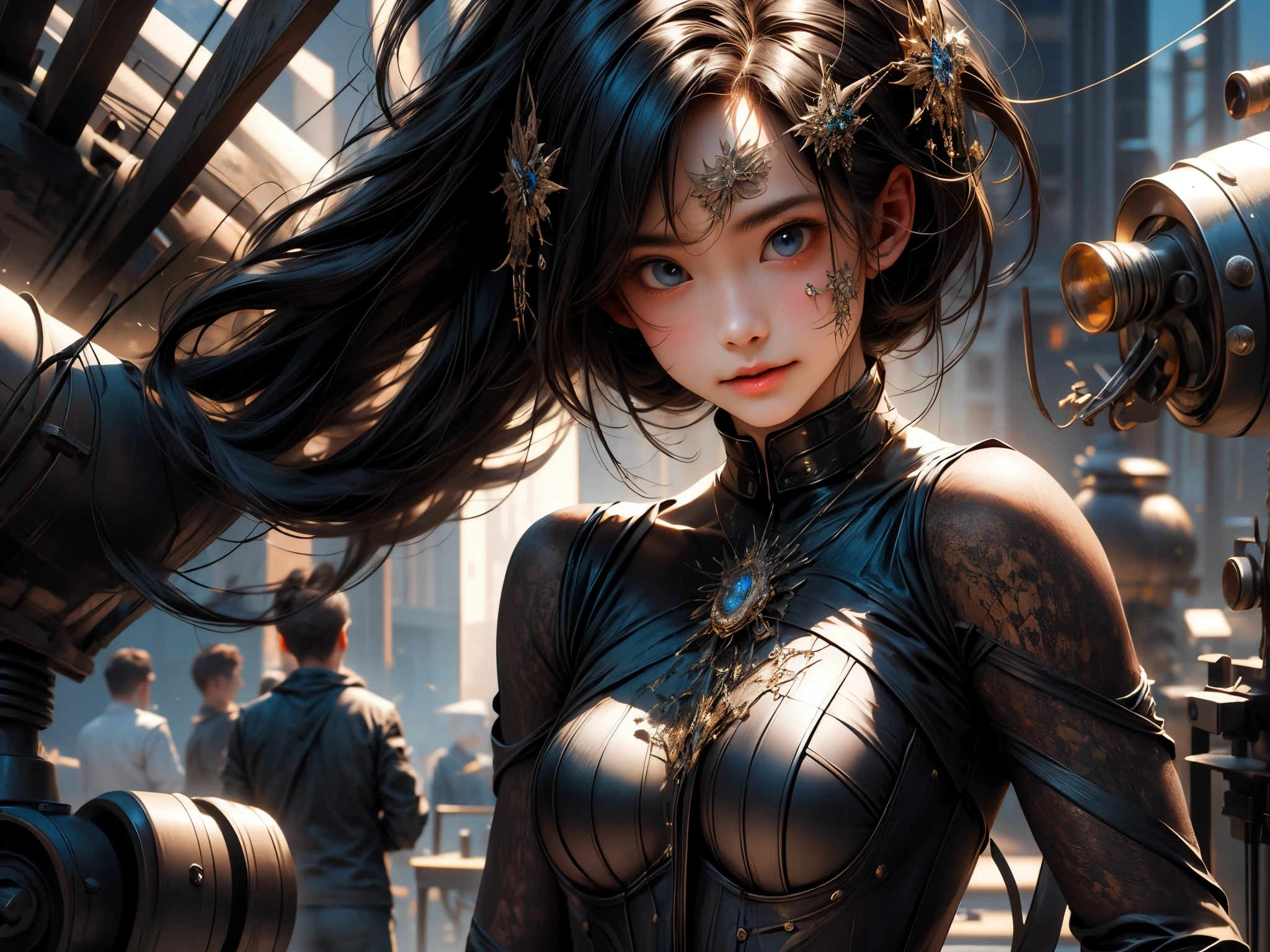 (best quality,4k,8k,highres,masterpiece:1.2),ultra-detailed,(realistic,photorealistic,photo-realistic:1.37),girl creating iron sculptures,operating welding machine,colorful lights,fractal art,full body,sweaty,from below,metallic textures,sparkling sparks,detailed facial expression,concentrated look,industrial atmosphere,vibrant colors,industrial workshop,creative process,artistic passion,extraordinary skills,dynamic composition,dramatic lighting,long shadows,unique perspectives,sharp focus,detailed craftsmanship,dynamic movement,fluid motions,smoke and steam effects,aesthetic value,passionate artistry,inspiration and creativity,artistic vision,masterful execution,impressive depth and dimension,striking contrast,high-definition clarity,immersive experience,awe-inspiring,mesmerizing visual,expressive emotions,fascinating artwork,naturalistic rendering,emphasis on details,subtle nuances,intricate patterns,harmonious balance